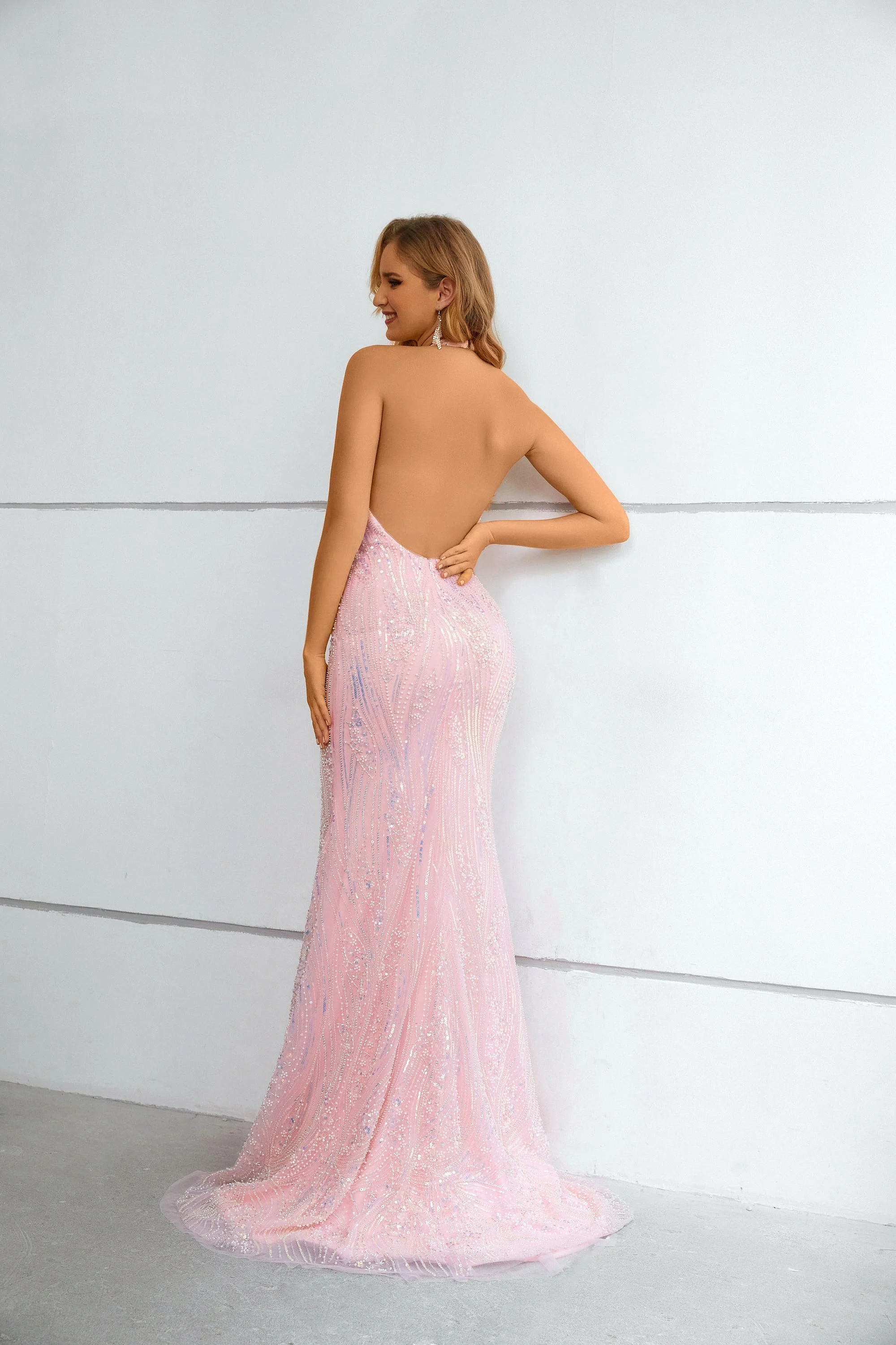 Mermaid High Neck Lace Sequined Floor-length Sleeveless Backless Prom Dress - Image 2