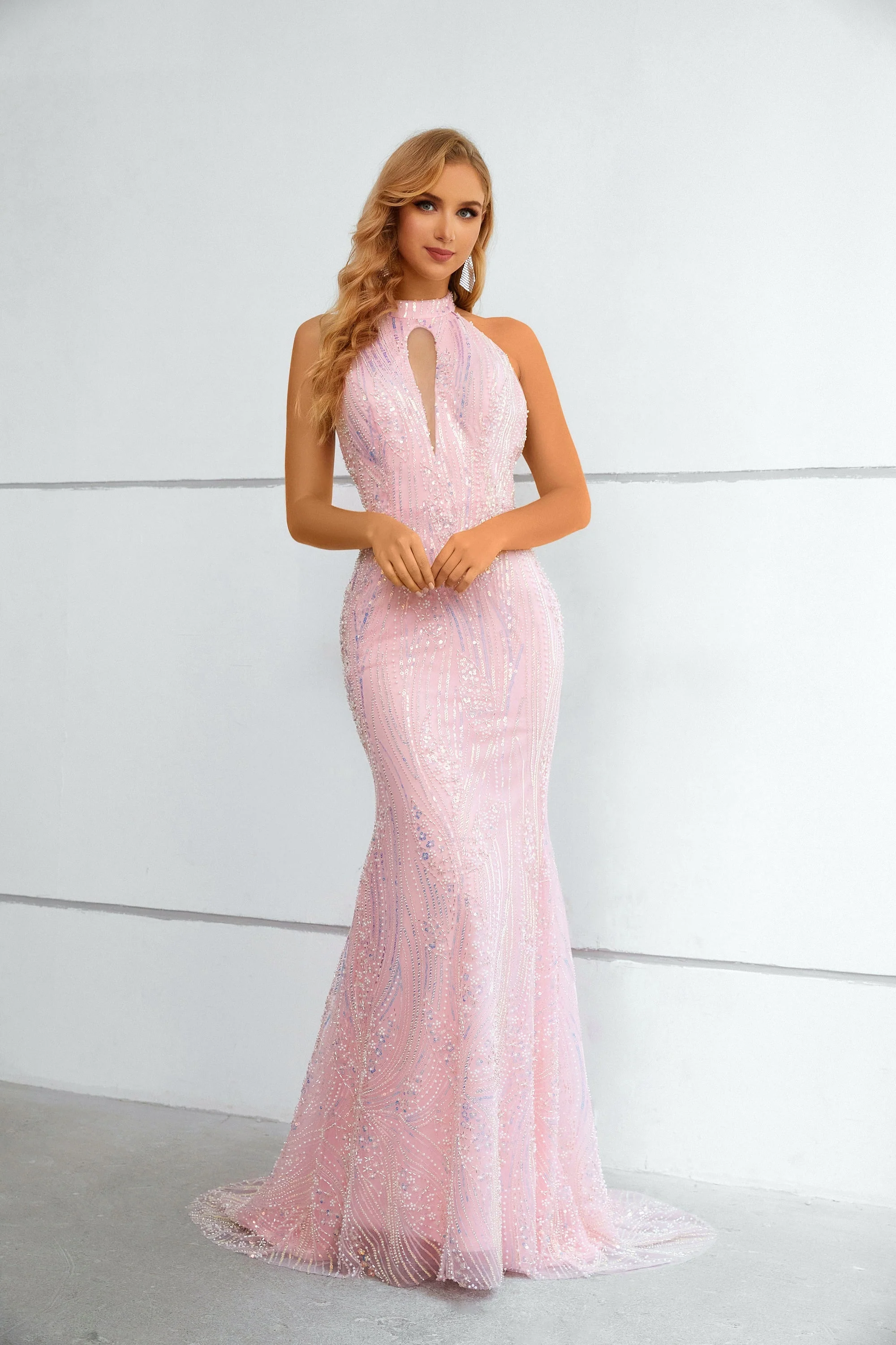 Mermaid High Neck Lace Sequined Floor-length Sleeveless Backless Prom Dress - Image 3