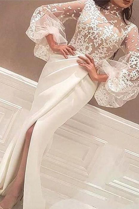 Mermaid High Neck Lace Wedding Dress Satin Long Sleeves Evening Party Dress - Image 2