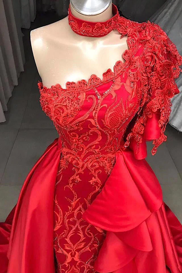 Mermaid High Neck One Shoulder Floor-length Half Sleeve Appliques Lace With Side Train Prom Dress - Image 2