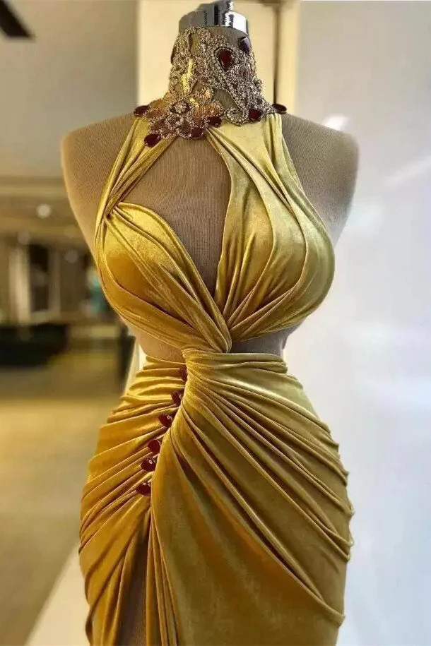 Mermaid High Neck Ruffles Floor-length Sleeveless Rhinestone High Split Prom Dress - Image 2