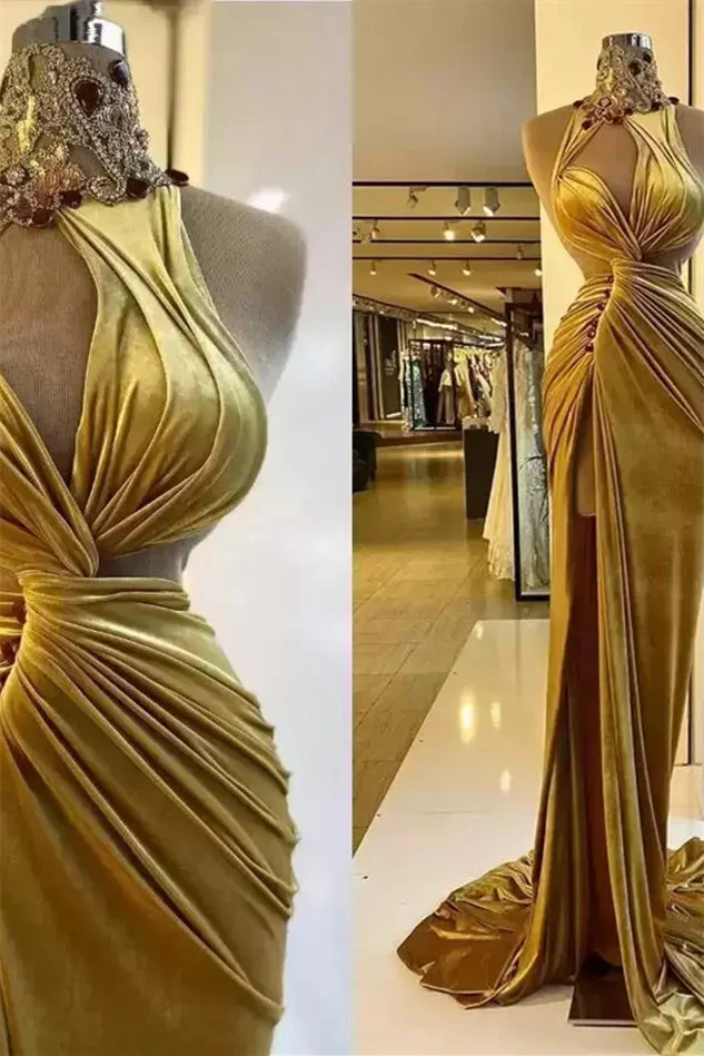 Mermaid High Neck Ruffles Floor-length Sleeveless Rhinestone High Split Prom Dress - Image 3
