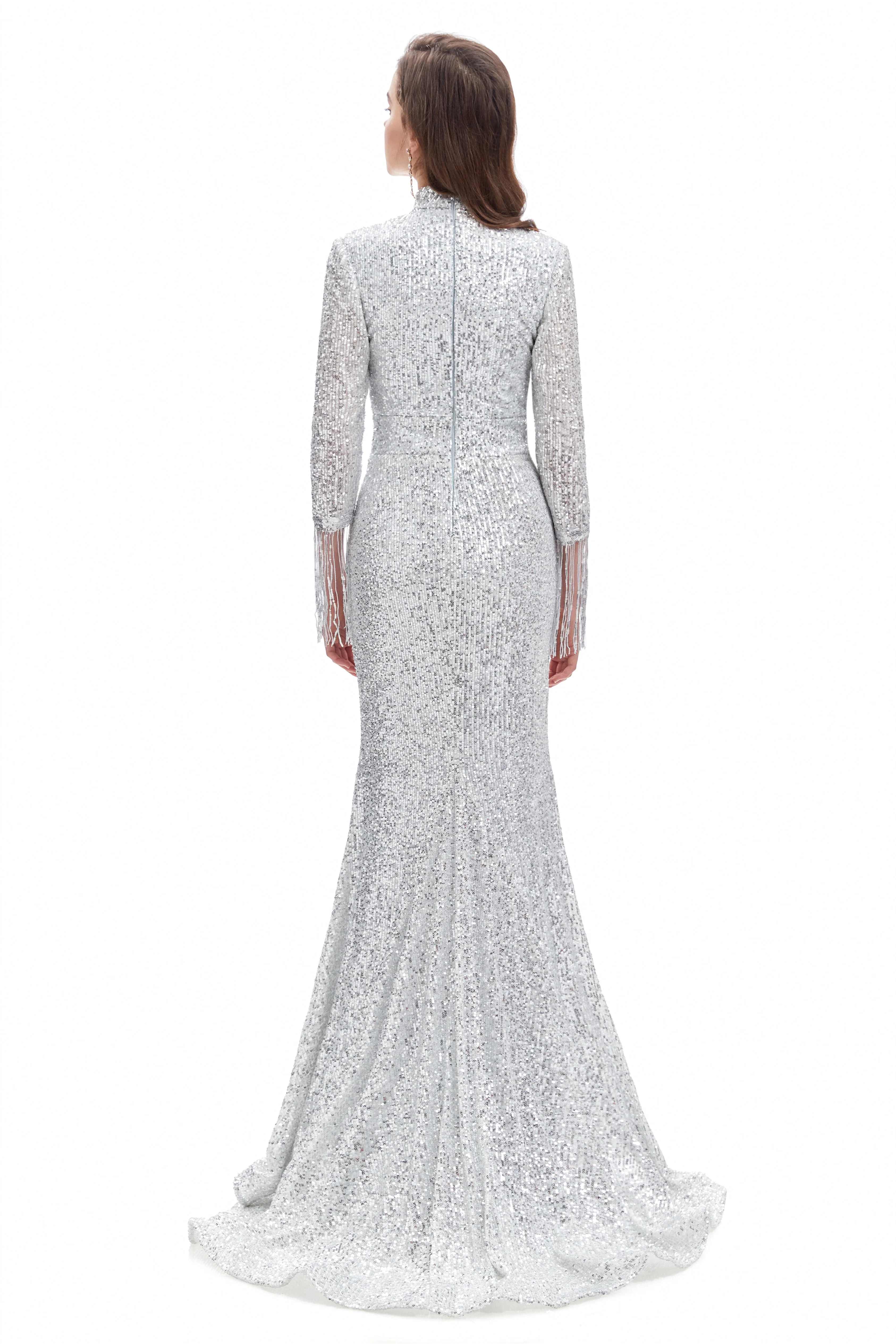 Mermaid High Neck Sequined Floor-length Long Sleeve Prom Dress - Image 2