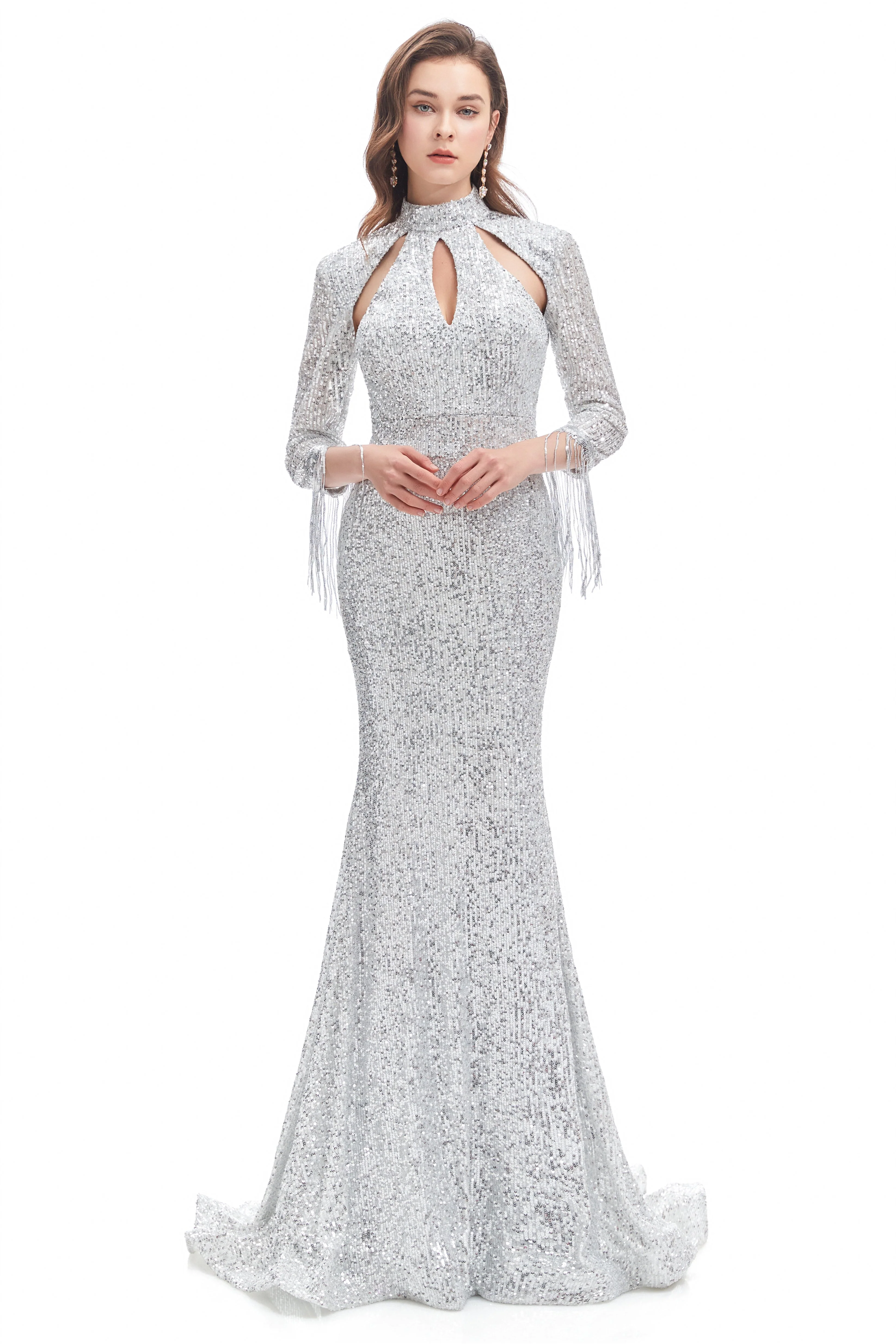 Mermaid High Neck Sequined Floor-length Long Sleeve Prom Dress - Image 3