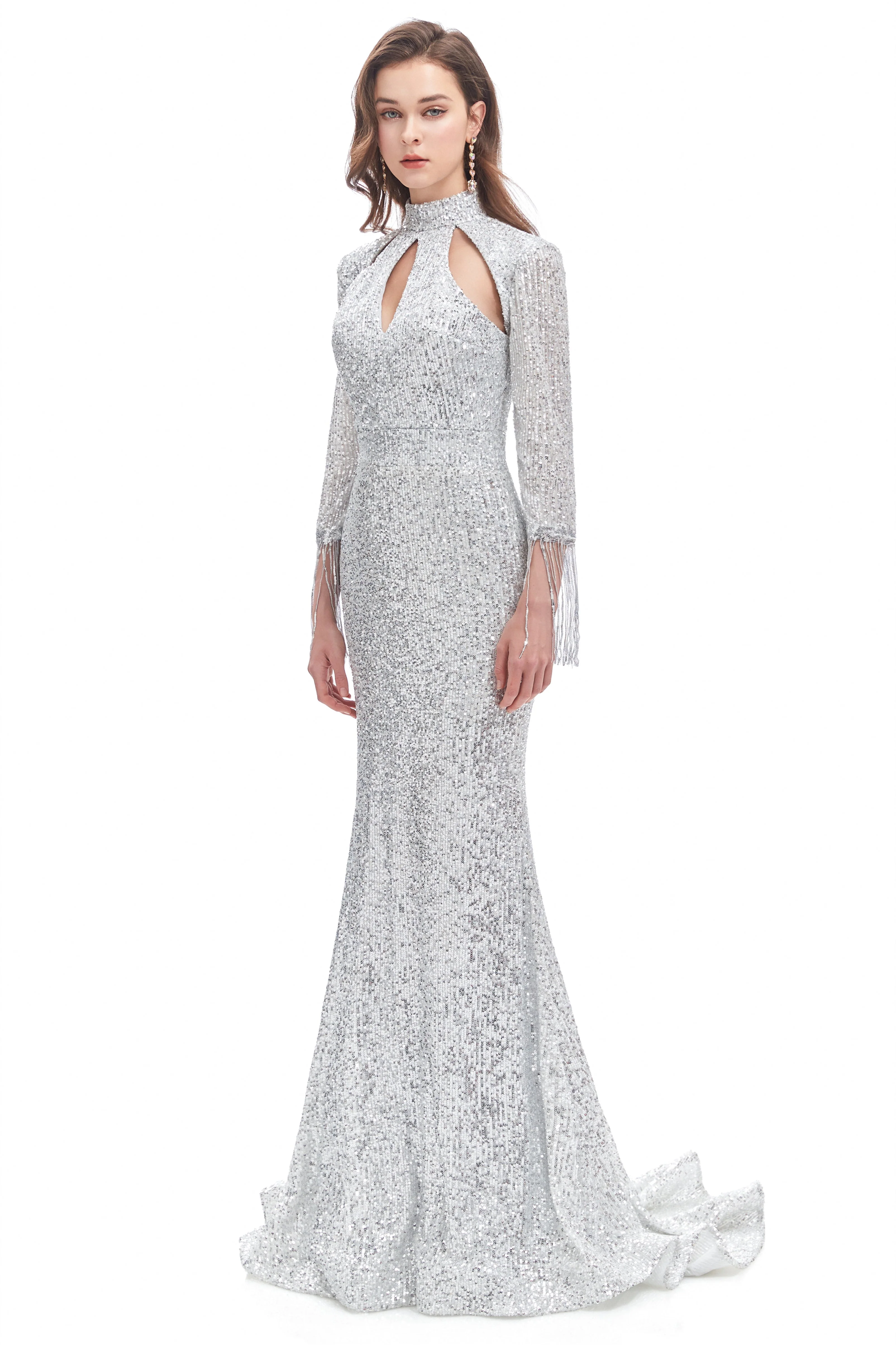 Mermaid High Neck Sequined Floor-length Long Sleeve Prom Dress - Image 4
