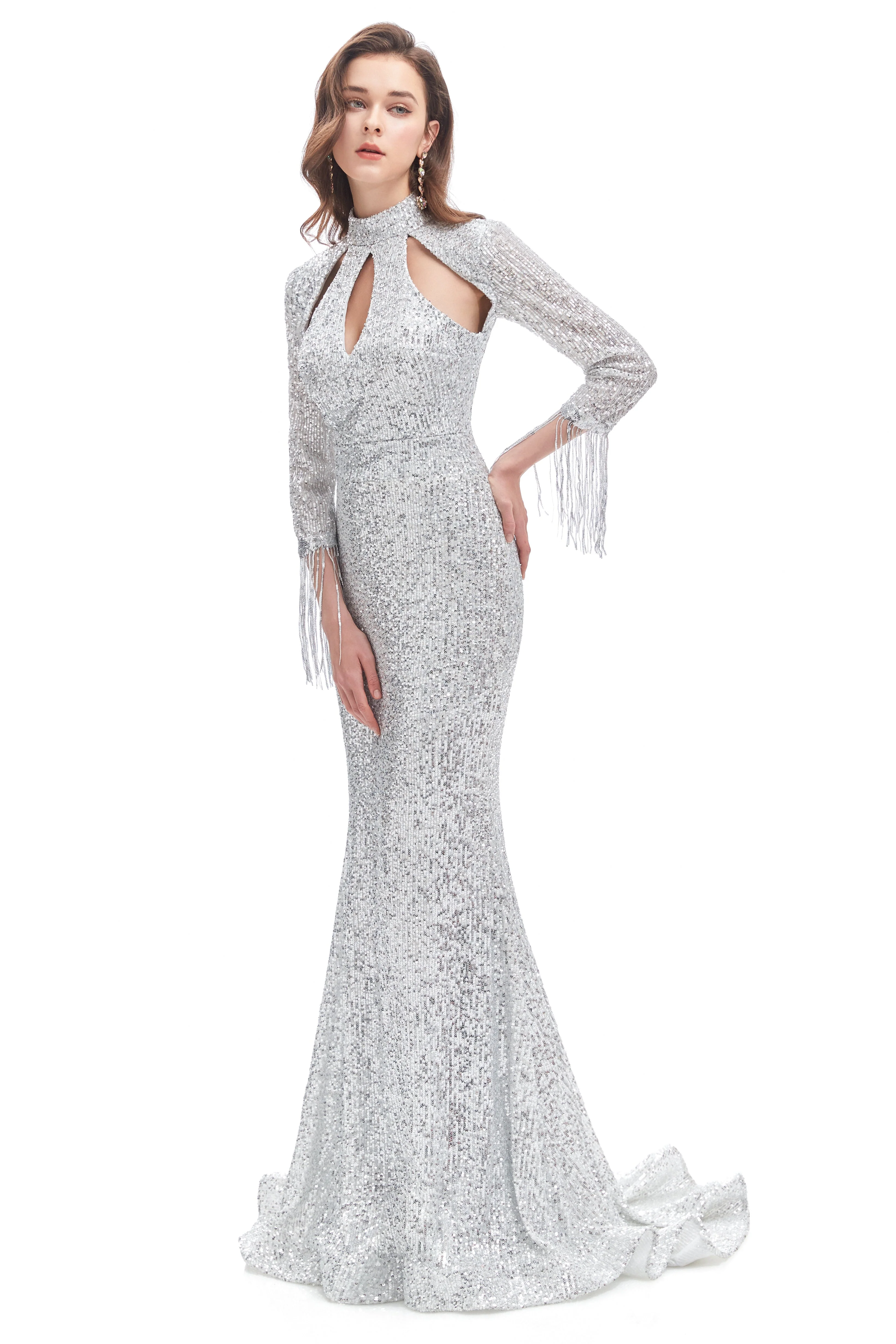 Mermaid High Neck Sequined Floor-length Long Sleeve Prom Dress - Image 5