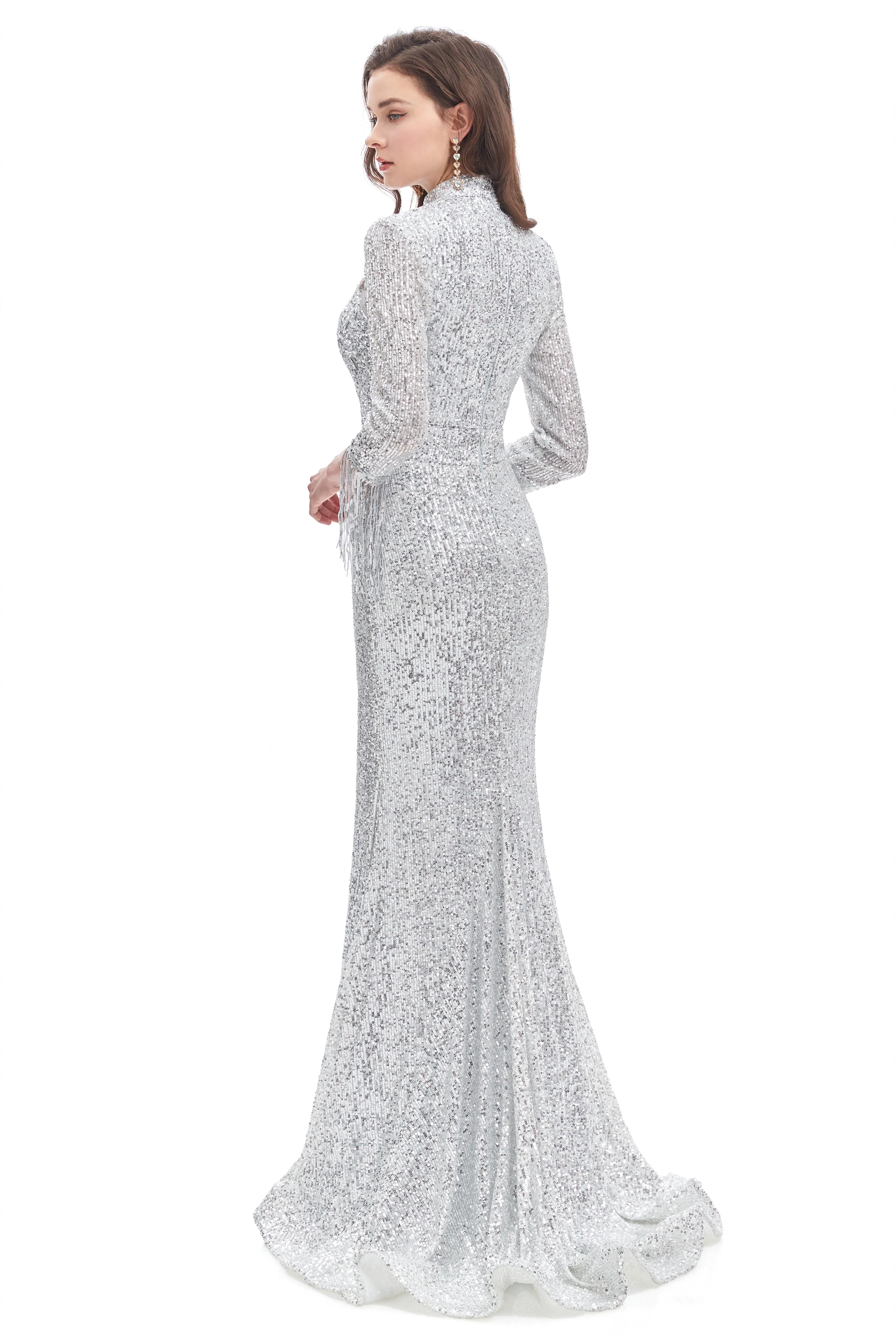 Mermaid High Neck Sequined Floor-length Long Sleeve Prom Dress - Image 6