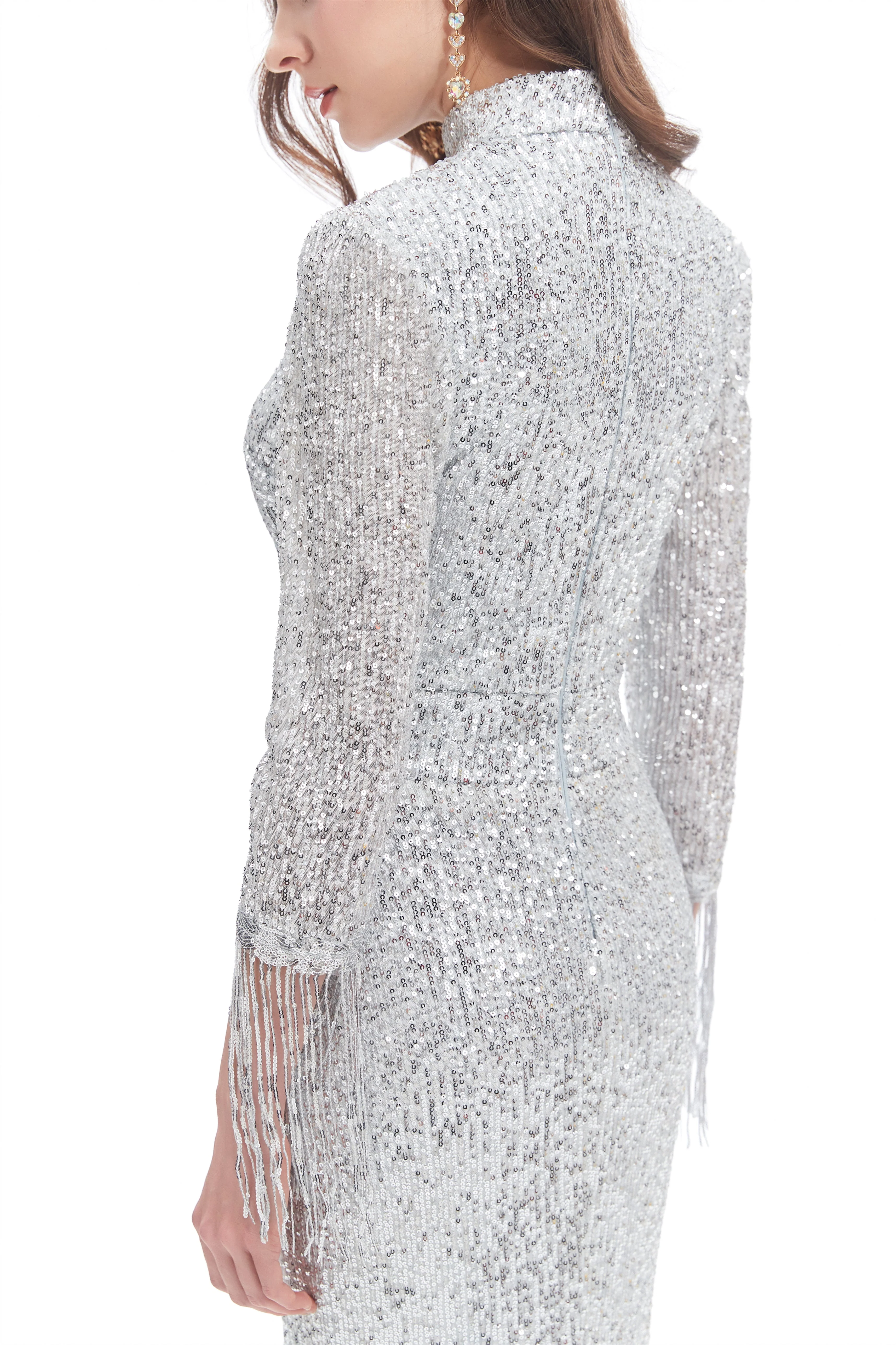 Mermaid High Neck Sequined Floor-length Long Sleeve Prom Dress - Image 9