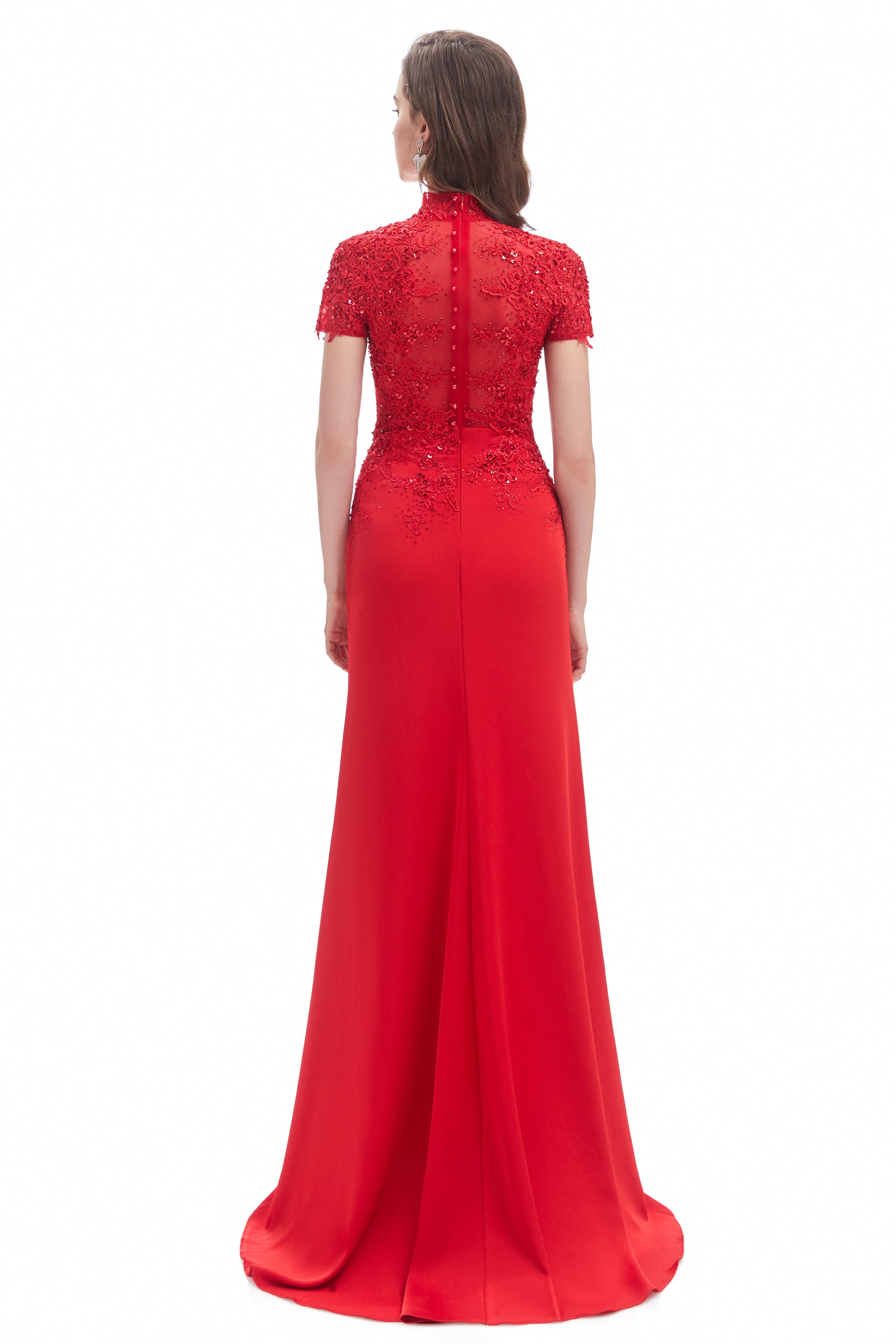 Mermaid High Neck Sequined Floor-length Short Sleeve Appliques Lace Prom Dress - Image 2