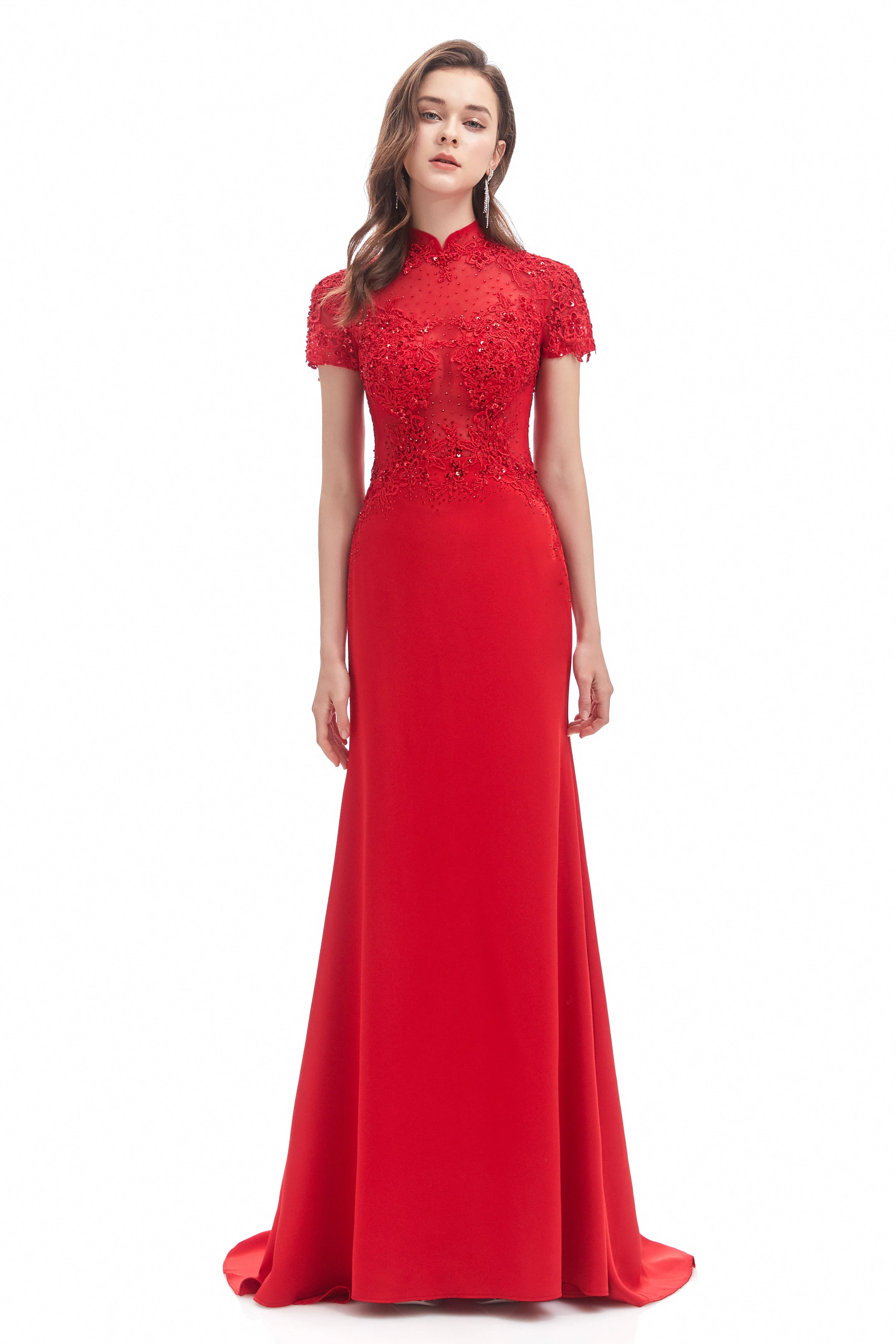Mermaid High Neck Sequined Floor-length Short Sleeve Appliques Lace Prom Dress - Image 3
