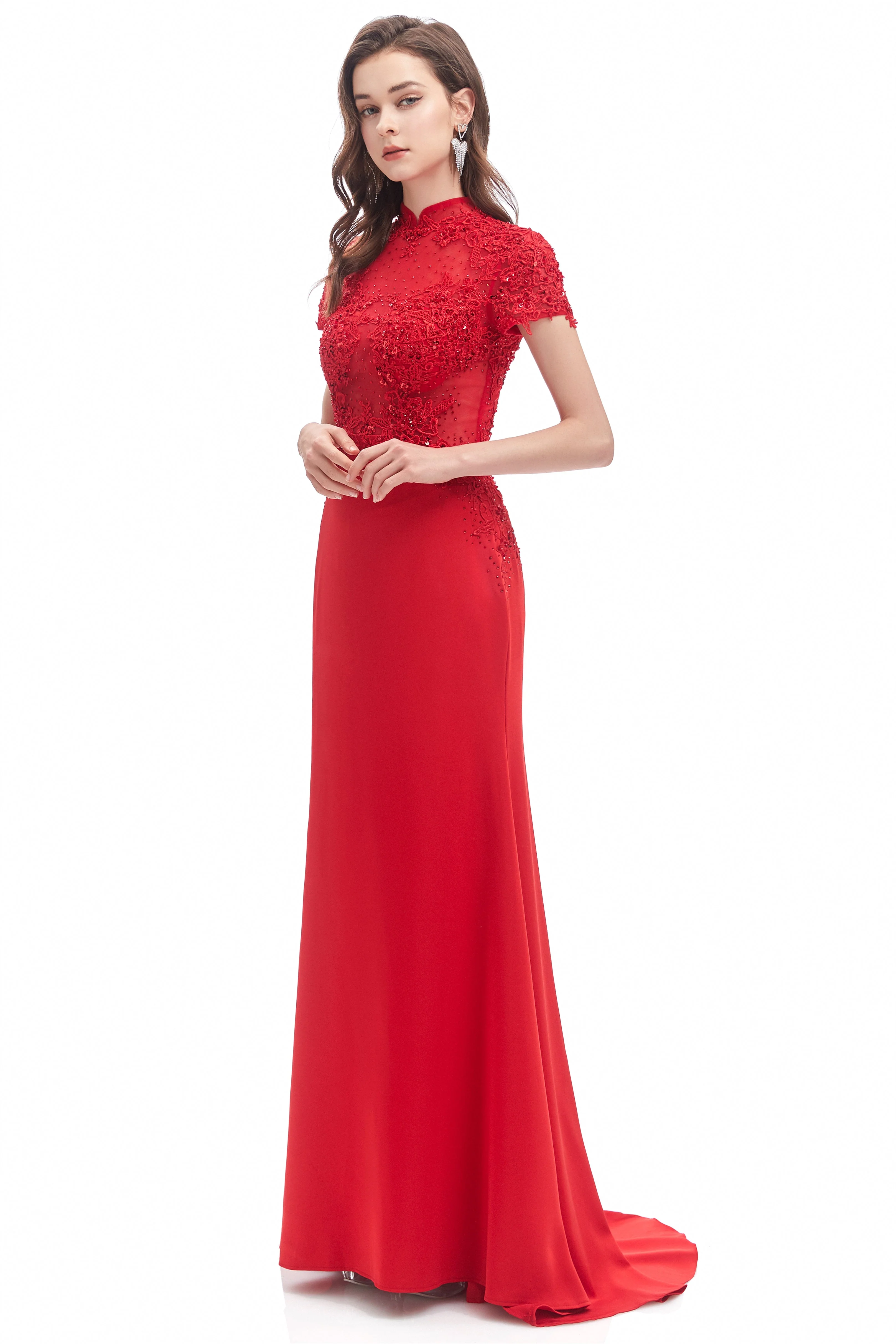 Mermaid High Neck Sequined Floor-length Short Sleeve Appliques Lace Prom Dress - Image 4