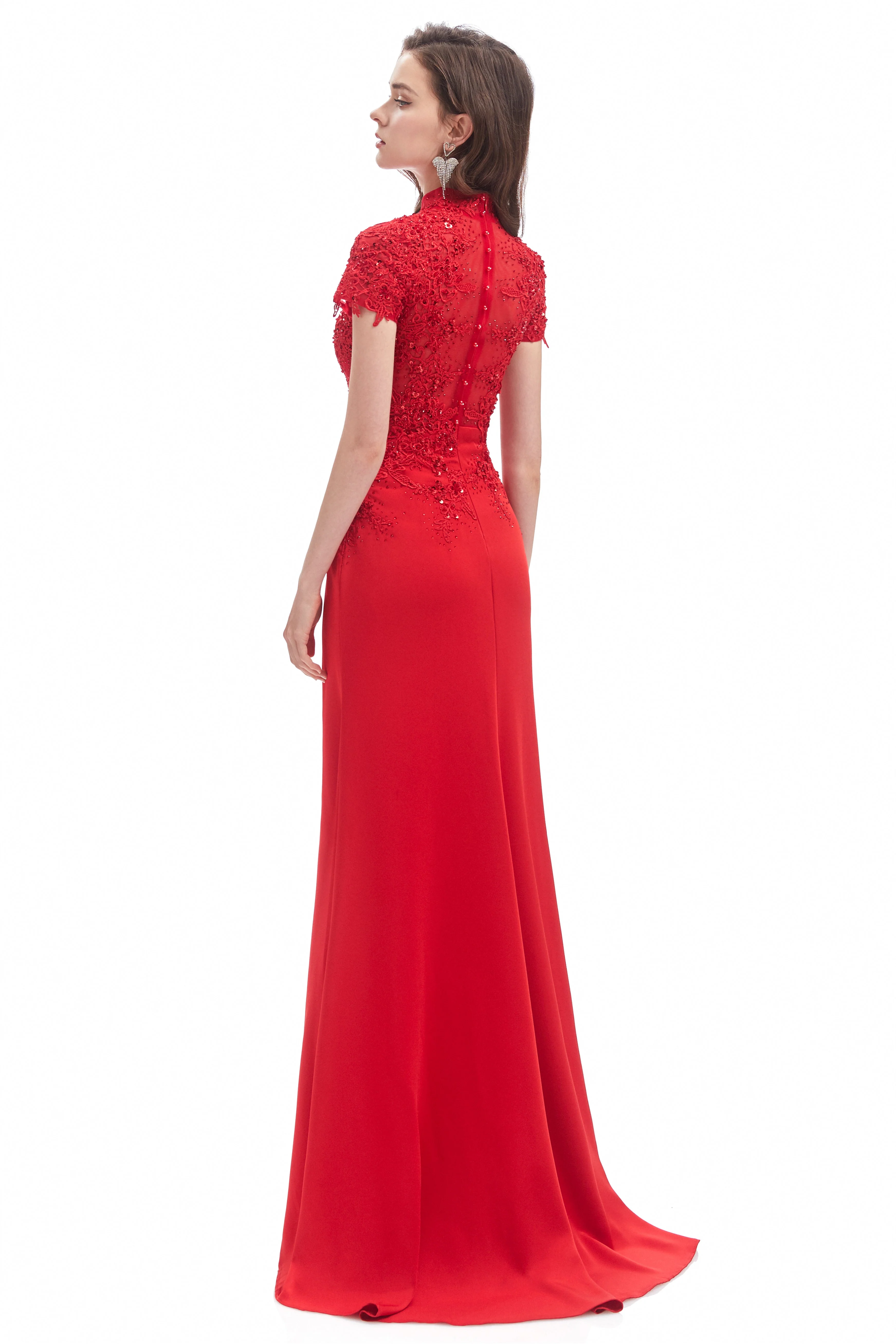 Mermaid High Neck Sequined Floor-length Short Sleeve Appliques Lace Prom Dress - Image 5