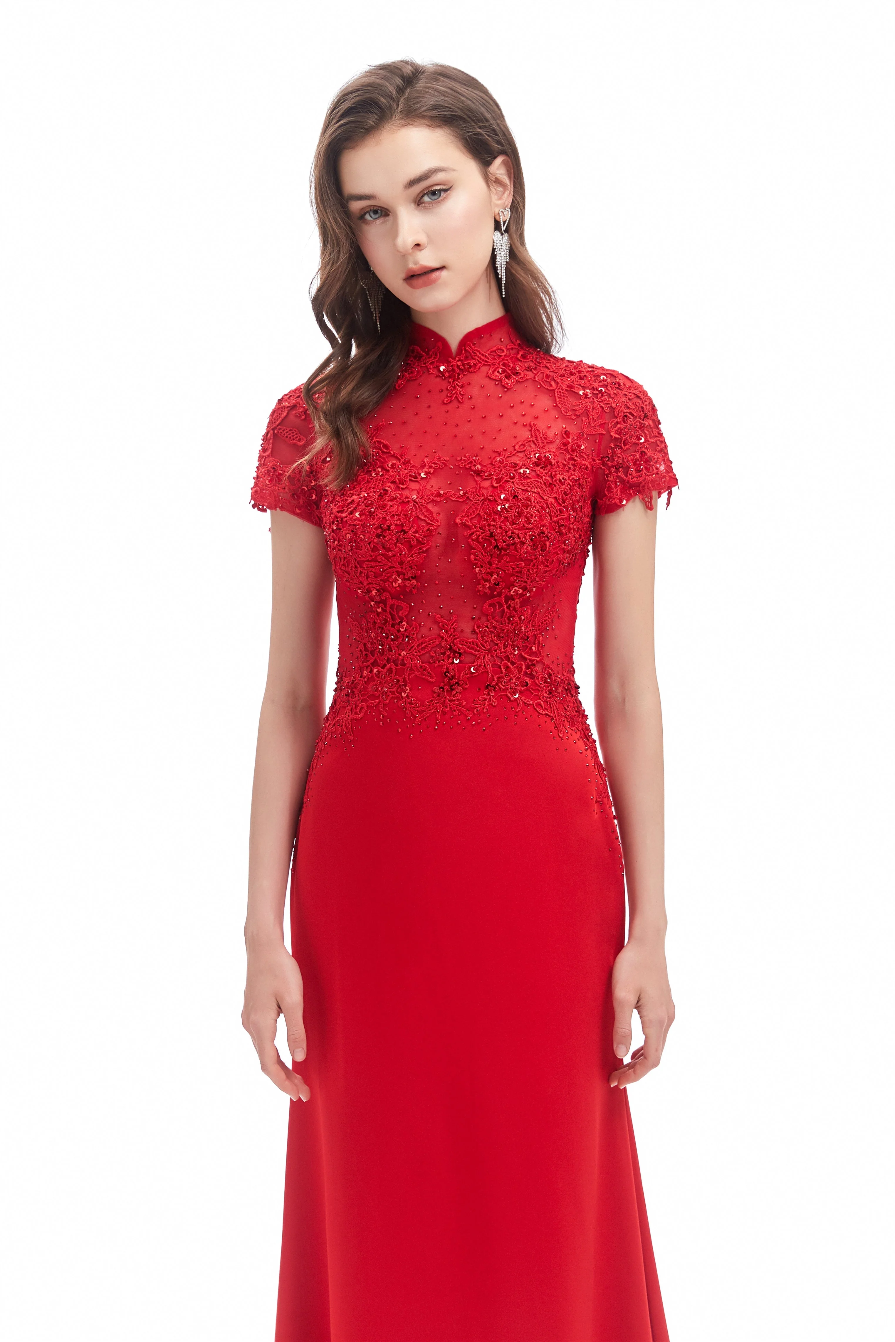 Mermaid High Neck Sequined Floor-length Short Sleeve Appliques Lace Prom Dress - Image 6