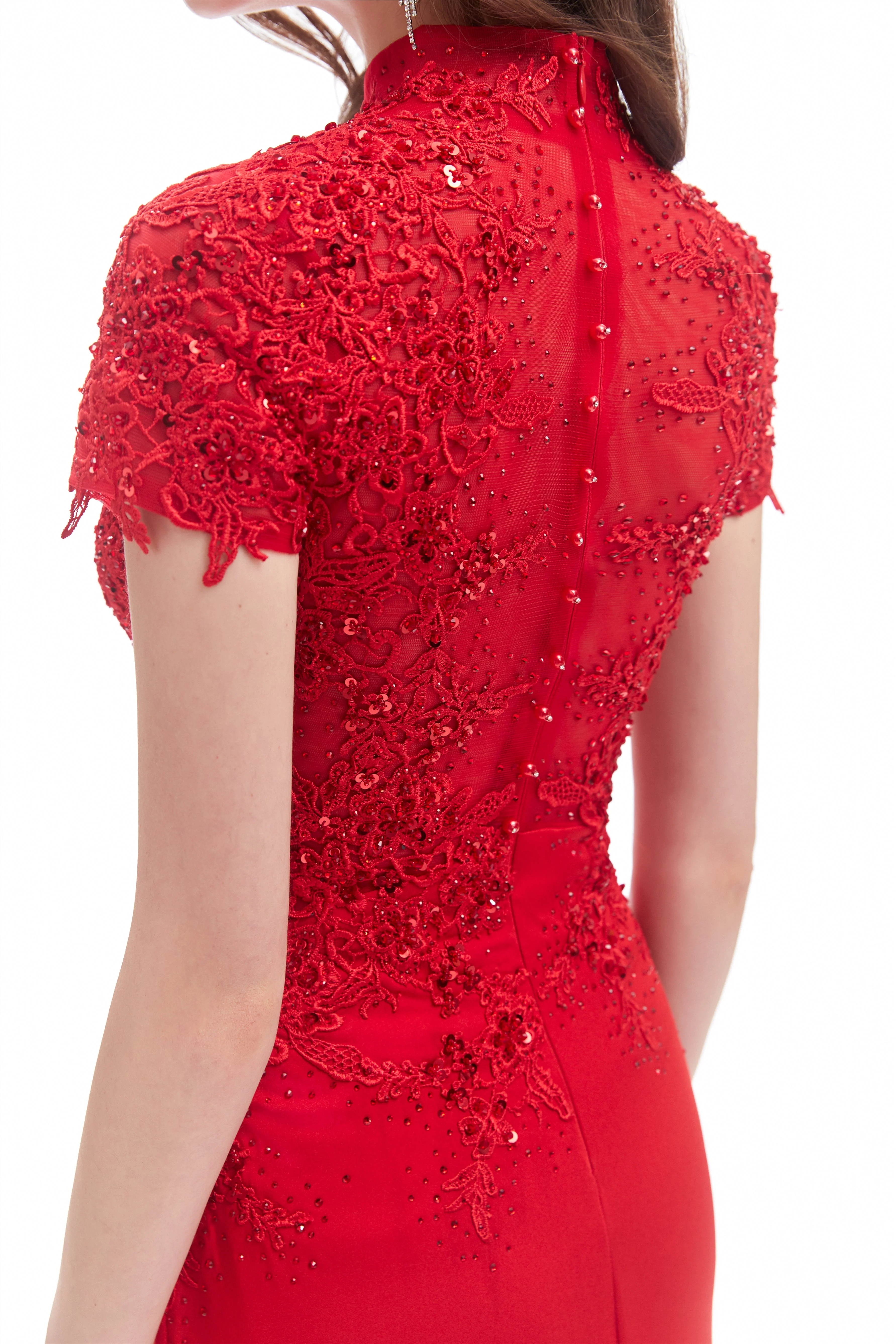 Mermaid High Neck Sequined Floor-length Short Sleeve Appliques Lace Prom Dress - Image 8