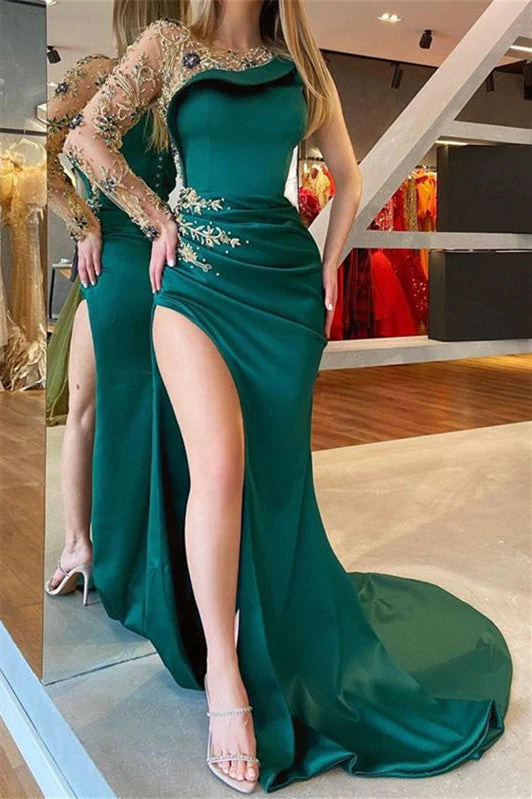 Mermaid Jewel Lace Applique Floor-length Long Sleeve High Split Prom Dress - Image 2