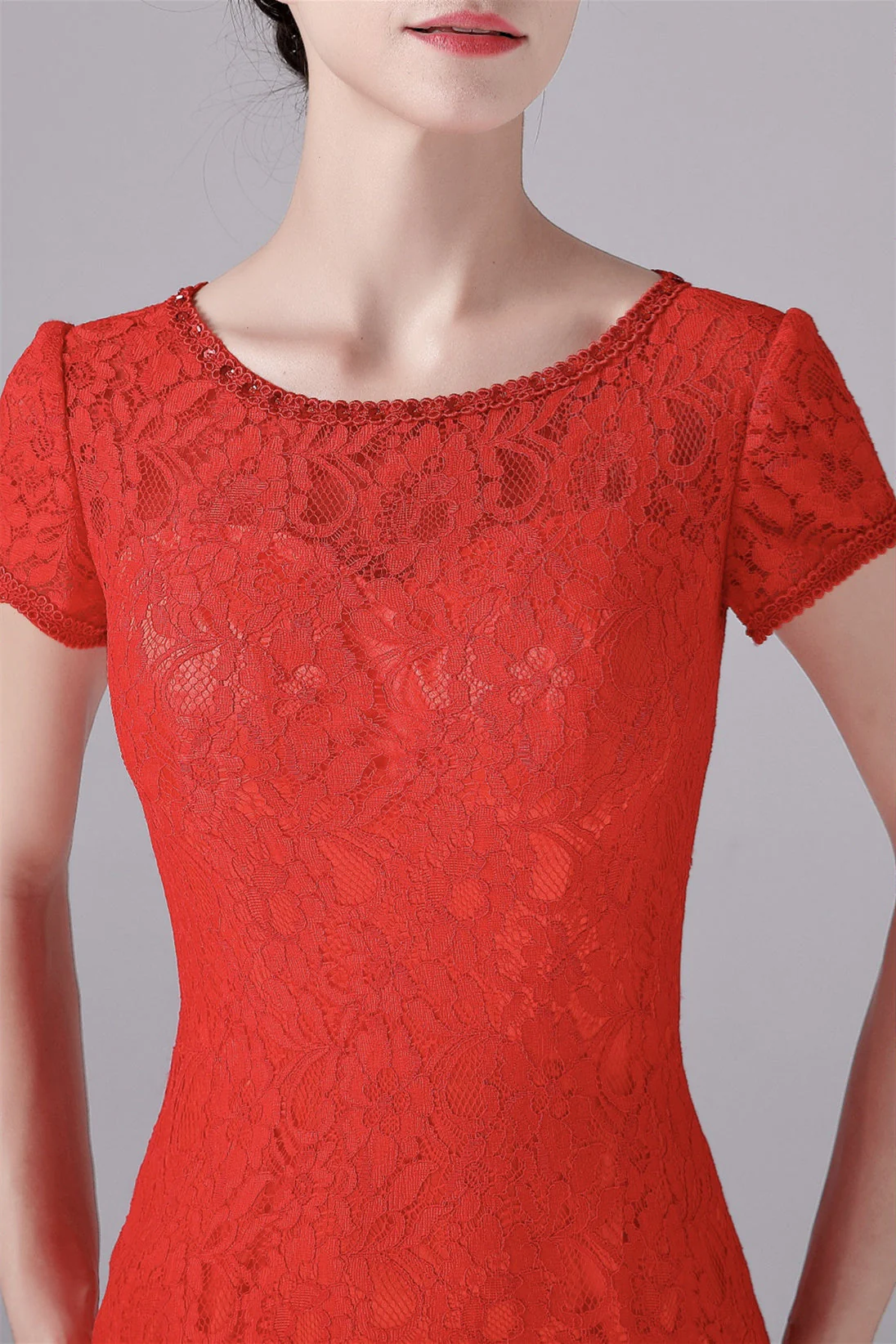 Mermaid Jewel Lace Floor Length Short sleeves Vintage mother's dress - Image 3