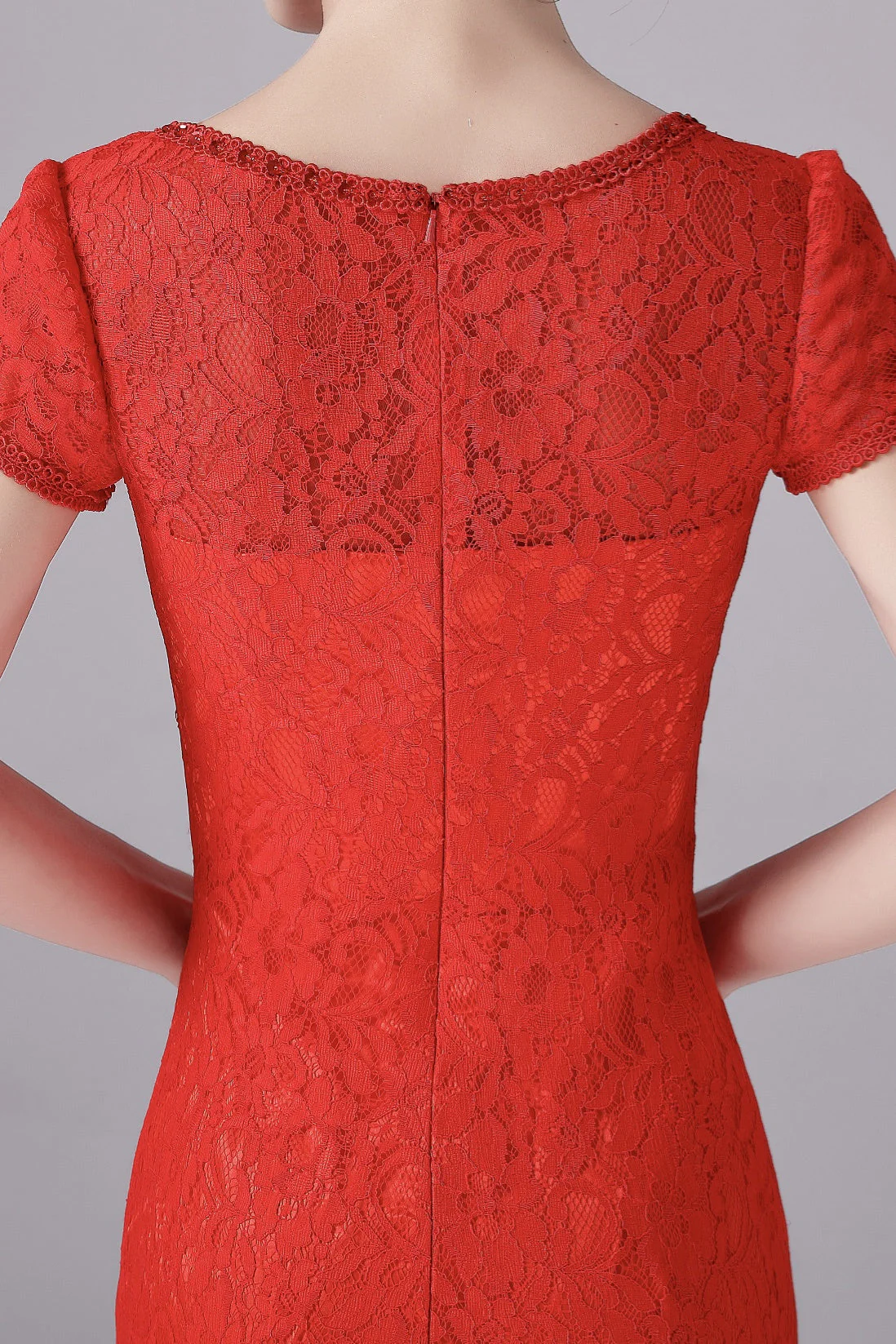 Mermaid Jewel Lace Floor Length Short sleeves Vintage mother's dress - Image 4