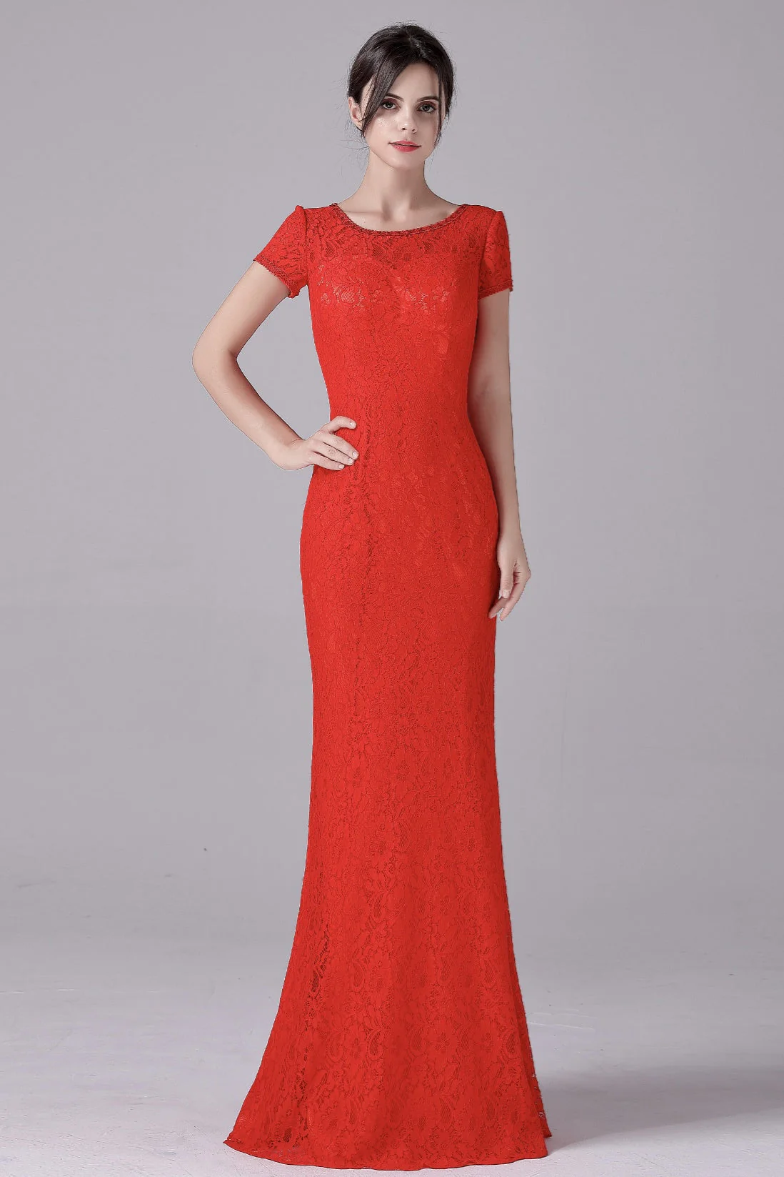 Mermaid Jewel Lace Floor Length Short sleeves Vintage mother's dress - Image 5