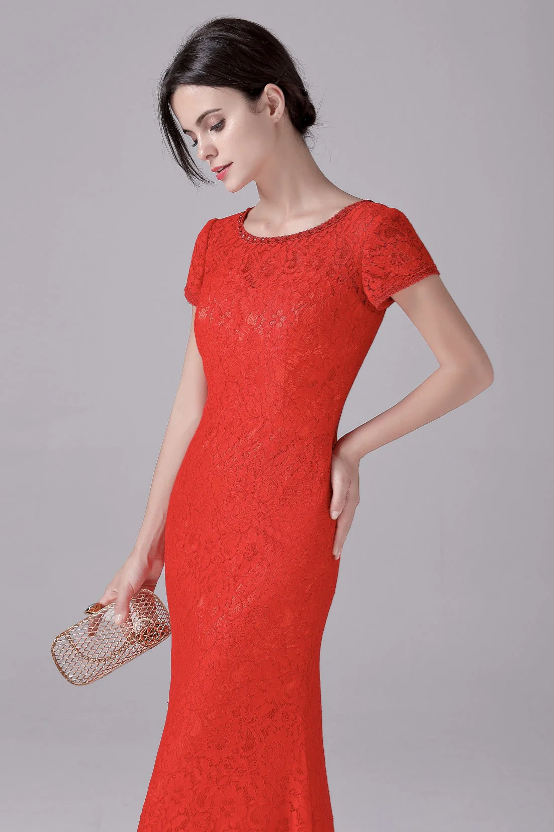 Mermaid Jewel Lace Floor Length Short sleeves Vintage mother's dress - Image 7