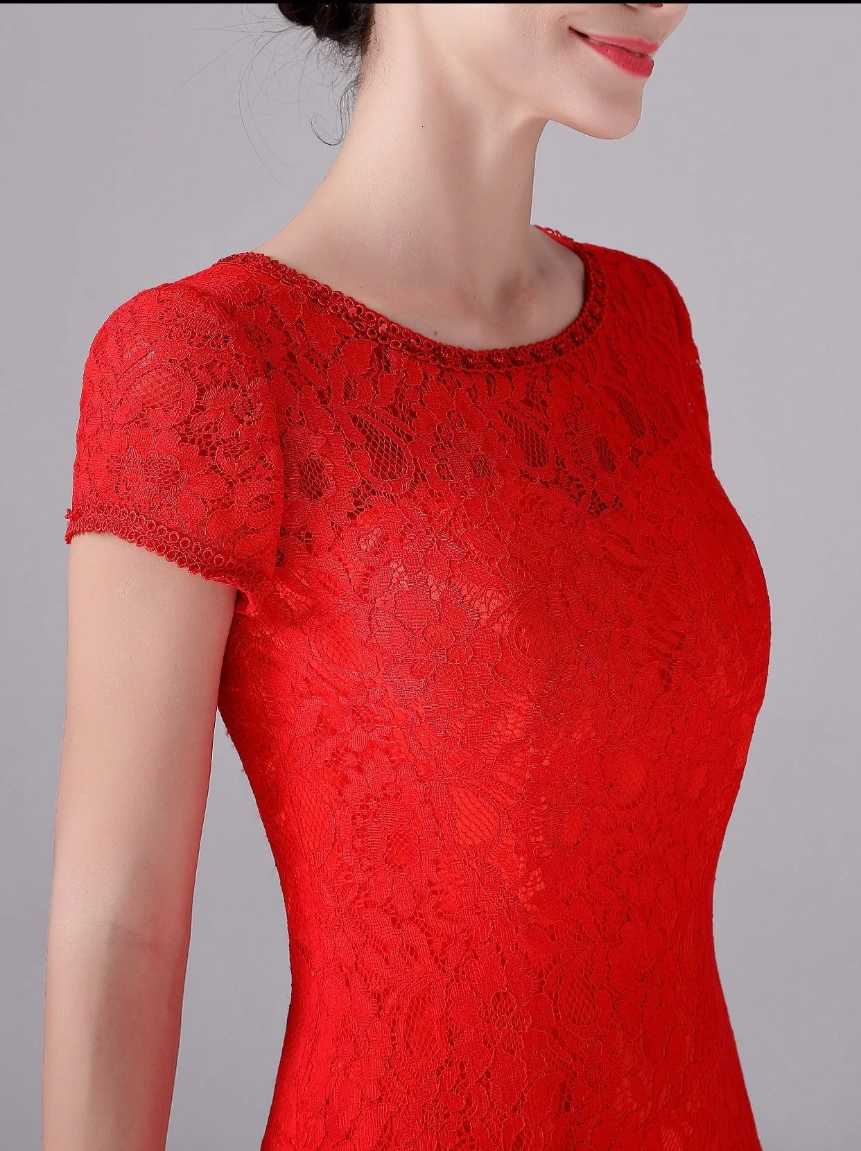 Mermaid Jewel Lace Floor Length Short sleeves Vintage mother's dress - Image 9