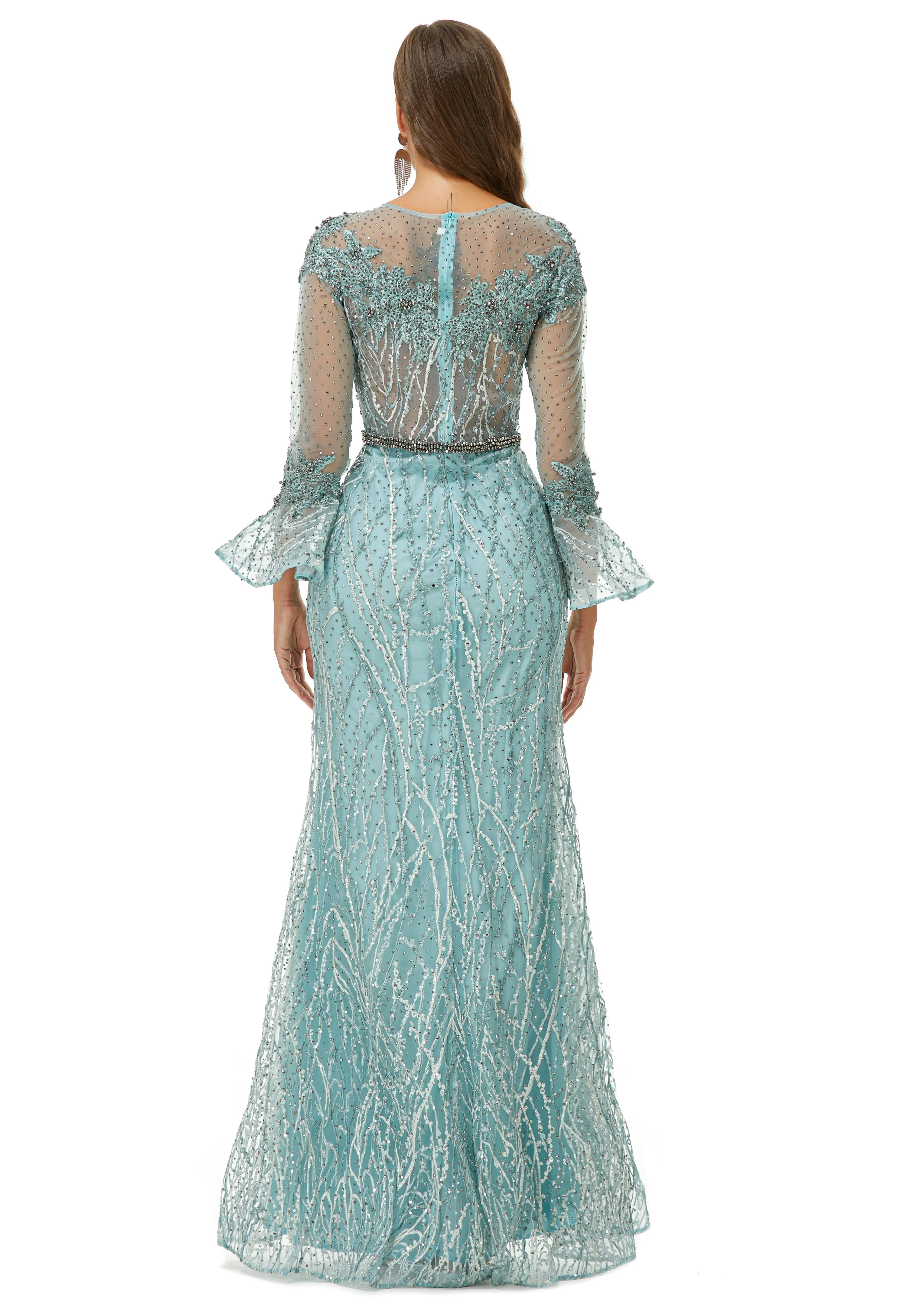 Mermaid Jewel Lace Sequined Ankle Lengt Long Sleeve Prom Dress - Image 2