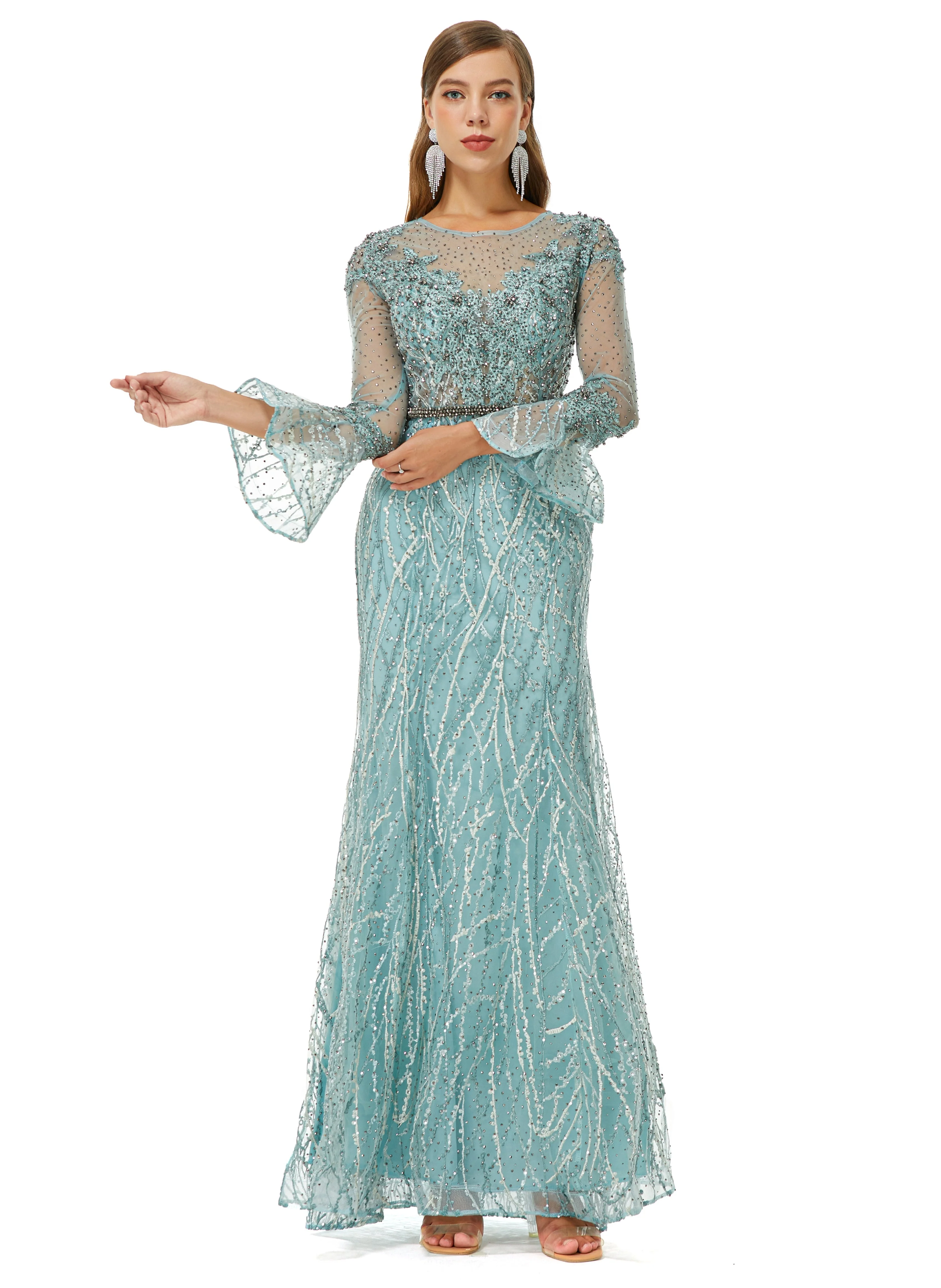 Mermaid Jewel Lace Sequined Ankle Lengt Long Sleeve Prom Dress - Image 3