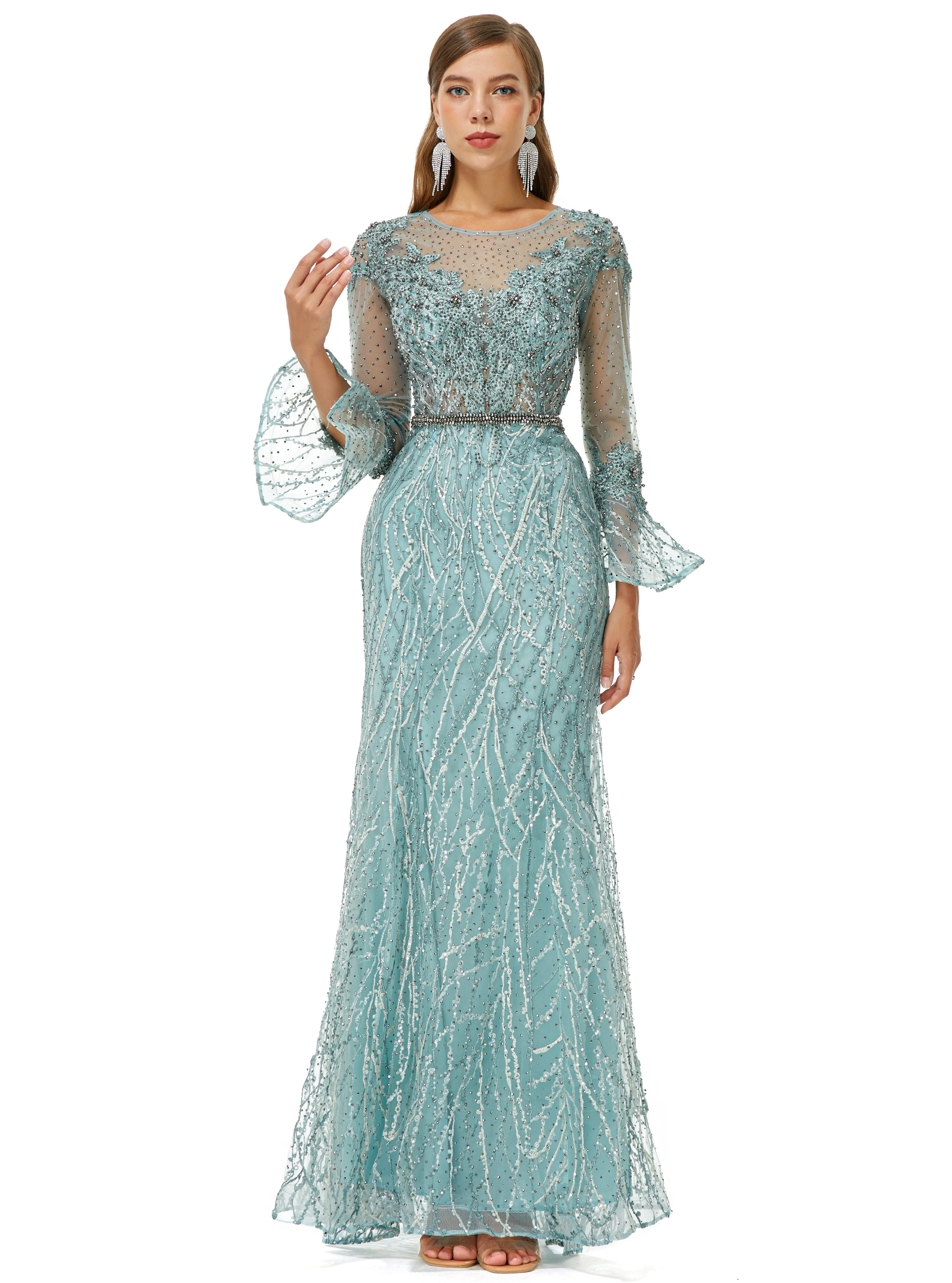 Mermaid Jewel Lace Sequined Ankle Lengt Long Sleeve Prom Dress - Image 4