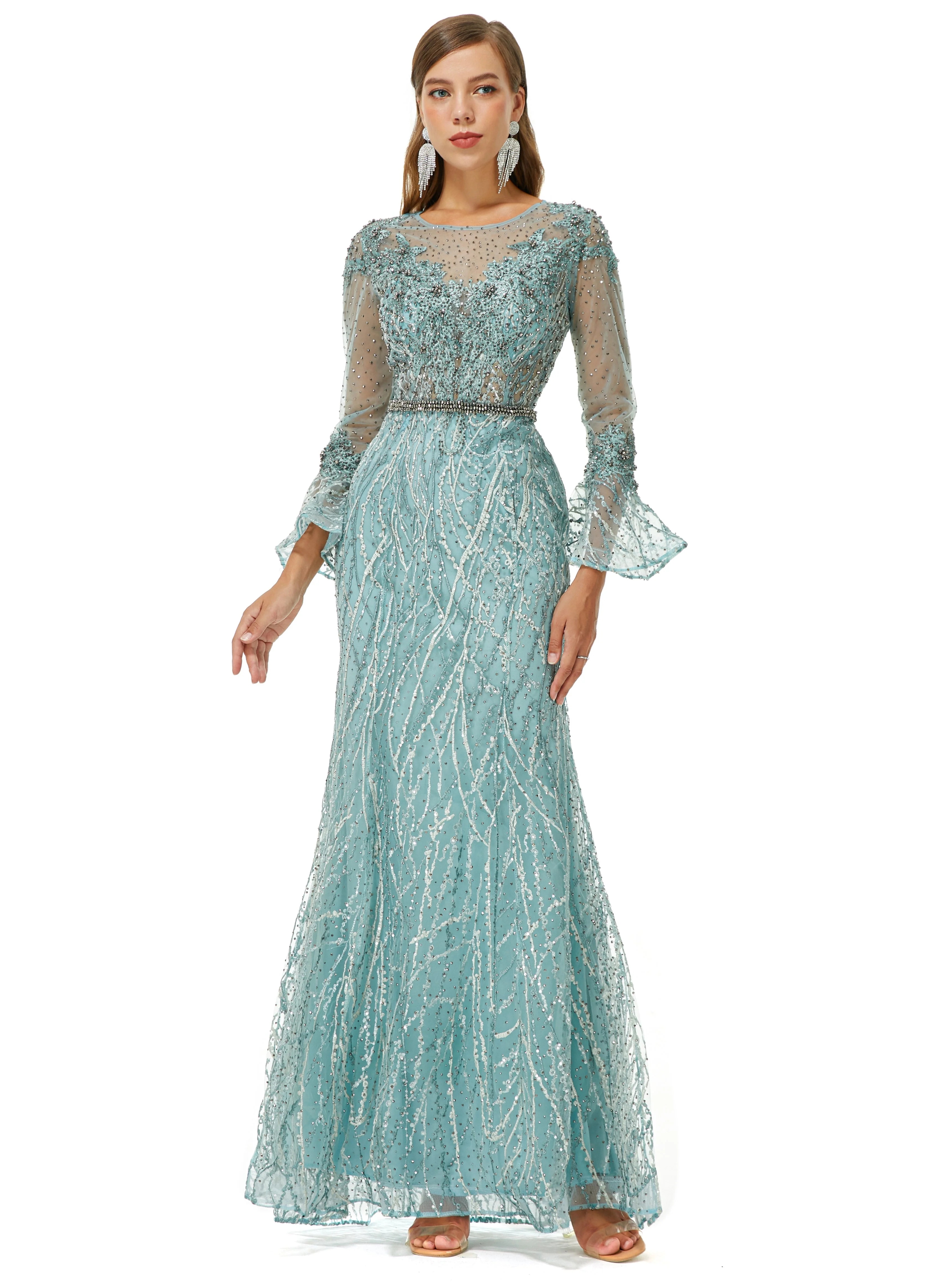 Mermaid Jewel Lace Sequined Ankle Lengt Long Sleeve Prom Dress - Image 5