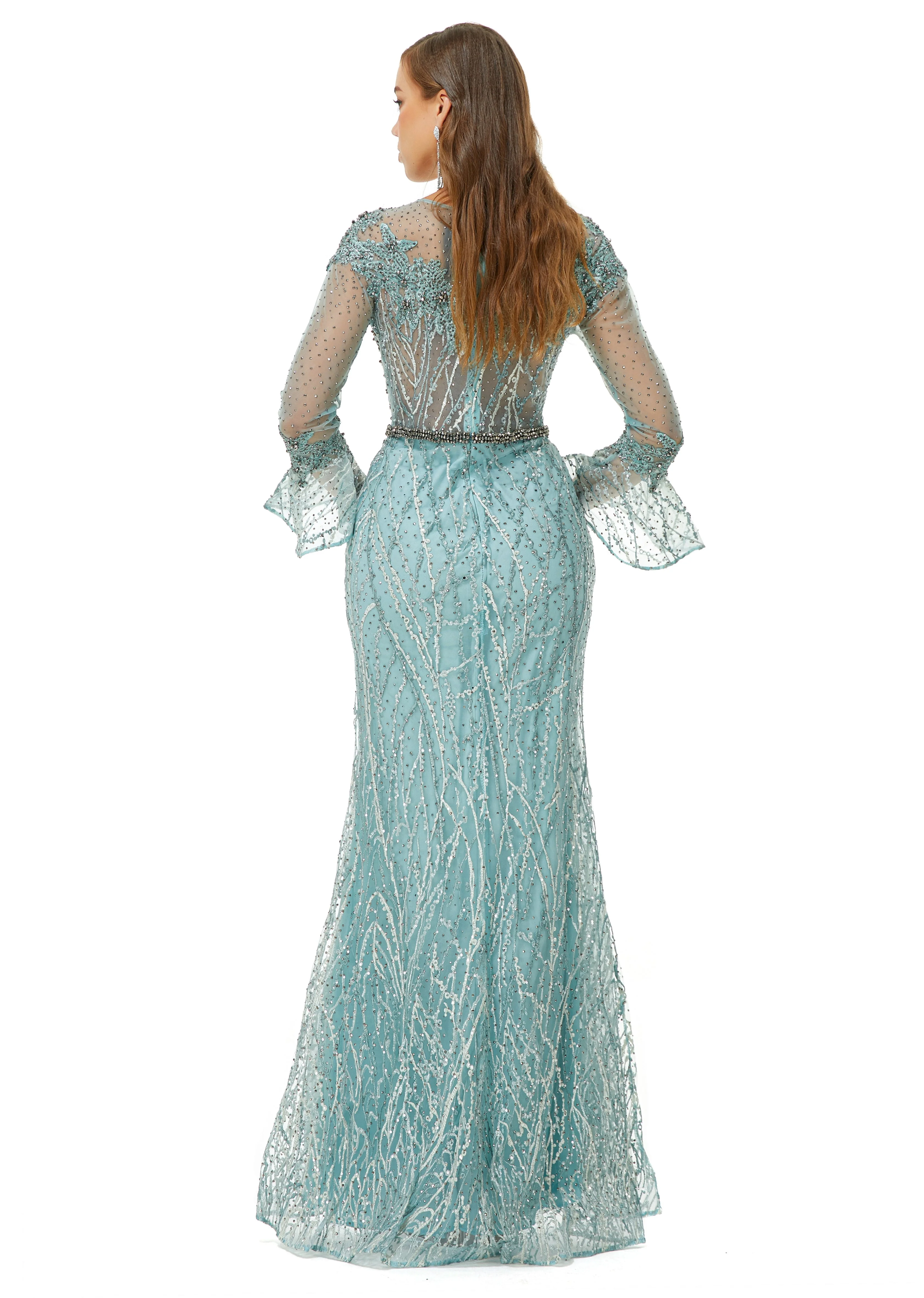 Mermaid Jewel Lace Sequined Ankle Lengt Long Sleeve Prom Dress - Image 6