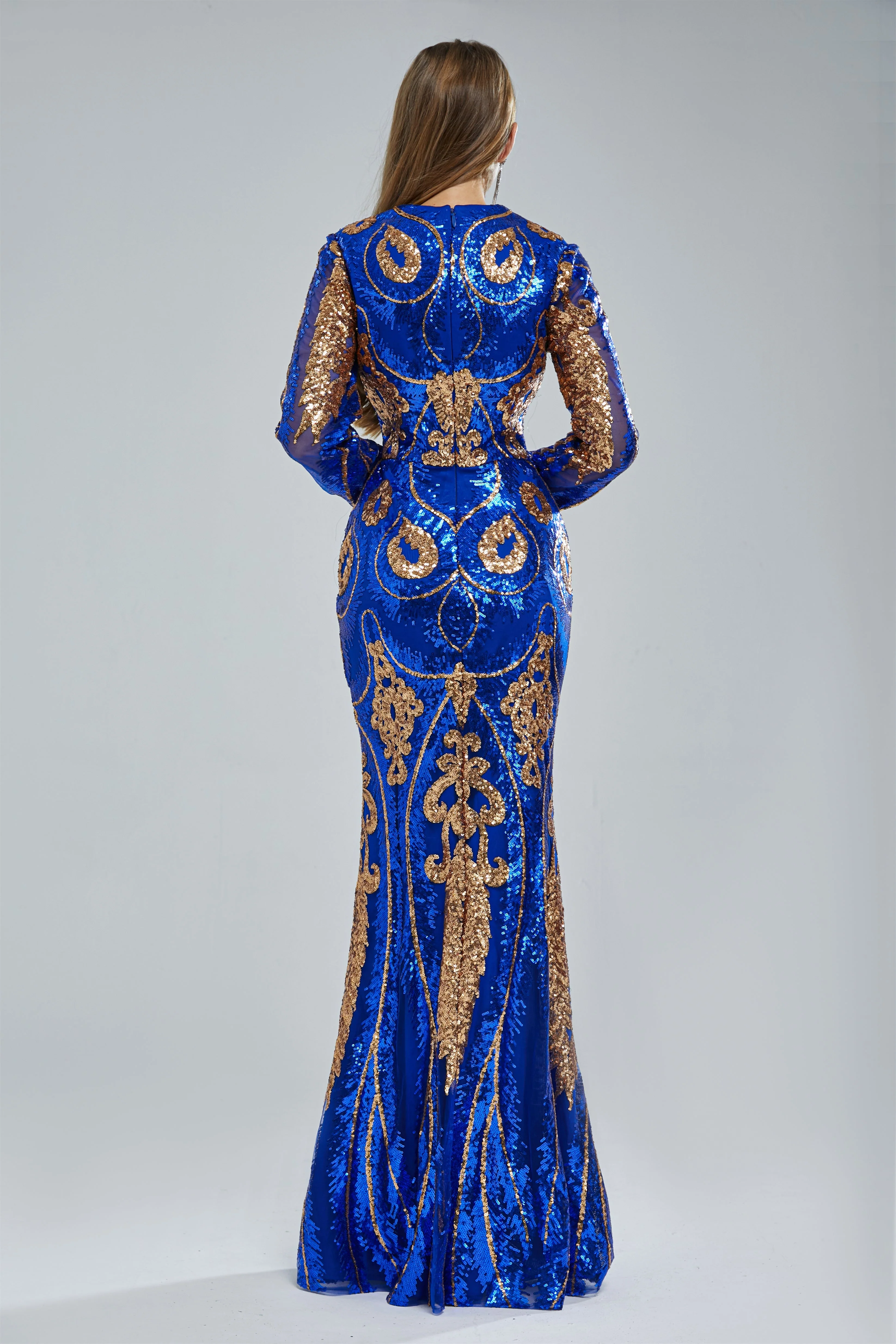 Mermaid Jewel Lace Sequined Floor-length Long Sleeve Detachable Train Elegant Prom Dress - Image 2