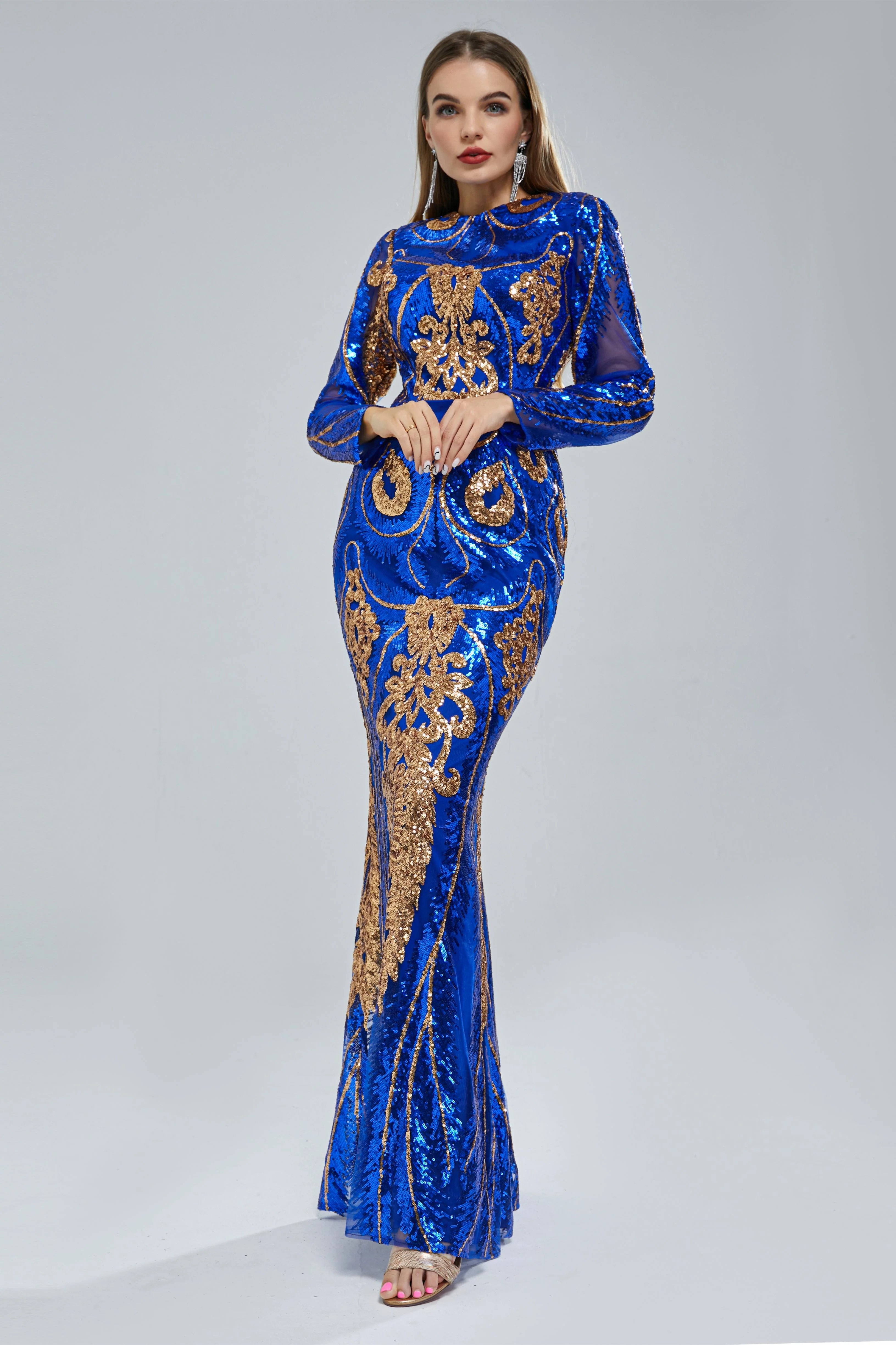 Mermaid Jewel Lace Sequined Floor-length Long Sleeve Detachable Train Elegant Prom Dress - Image 3