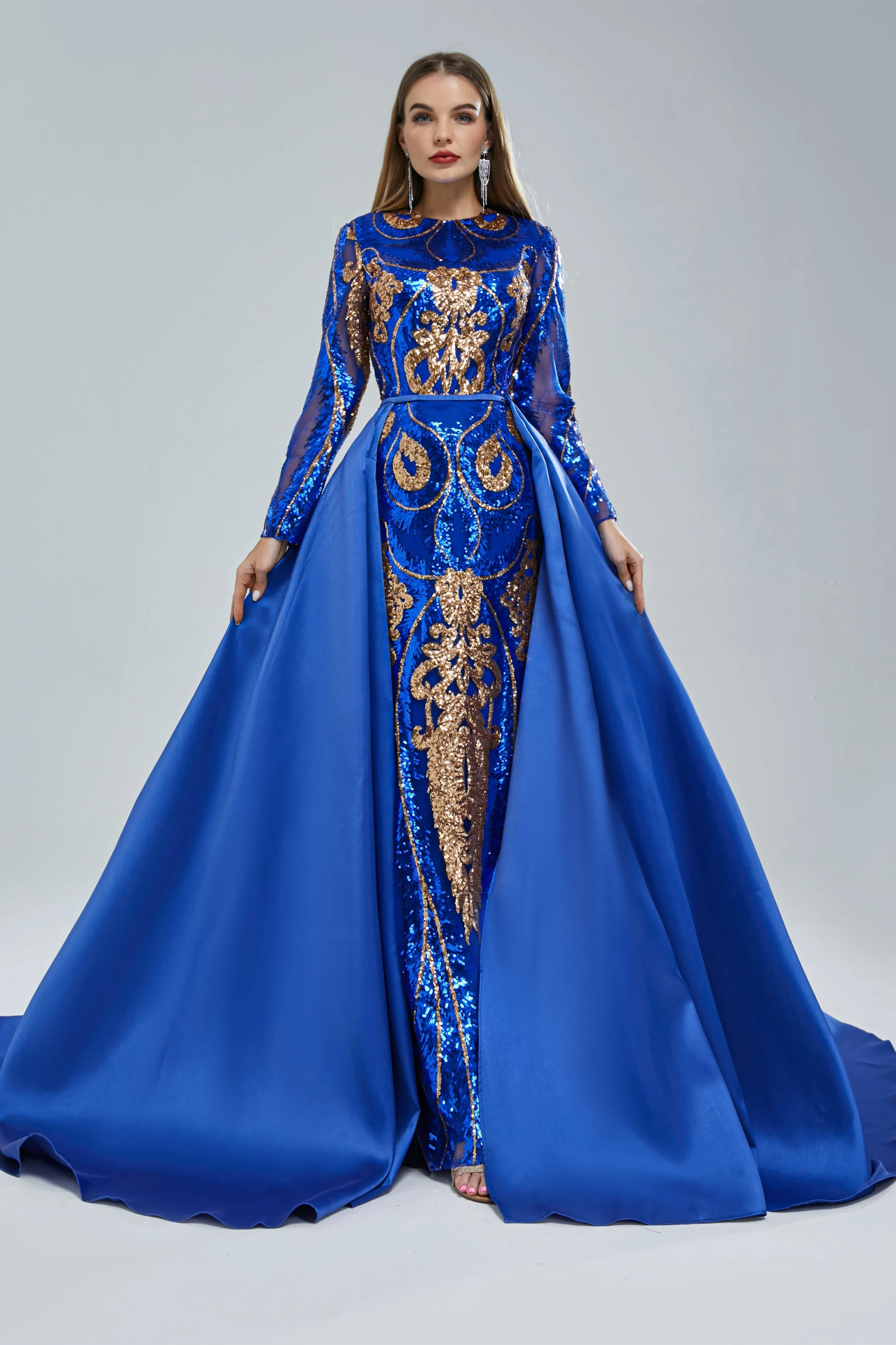 Mermaid Jewel Lace Sequined Floor-length Long Sleeve Detachable Train Elegant Prom Dress - Image 4