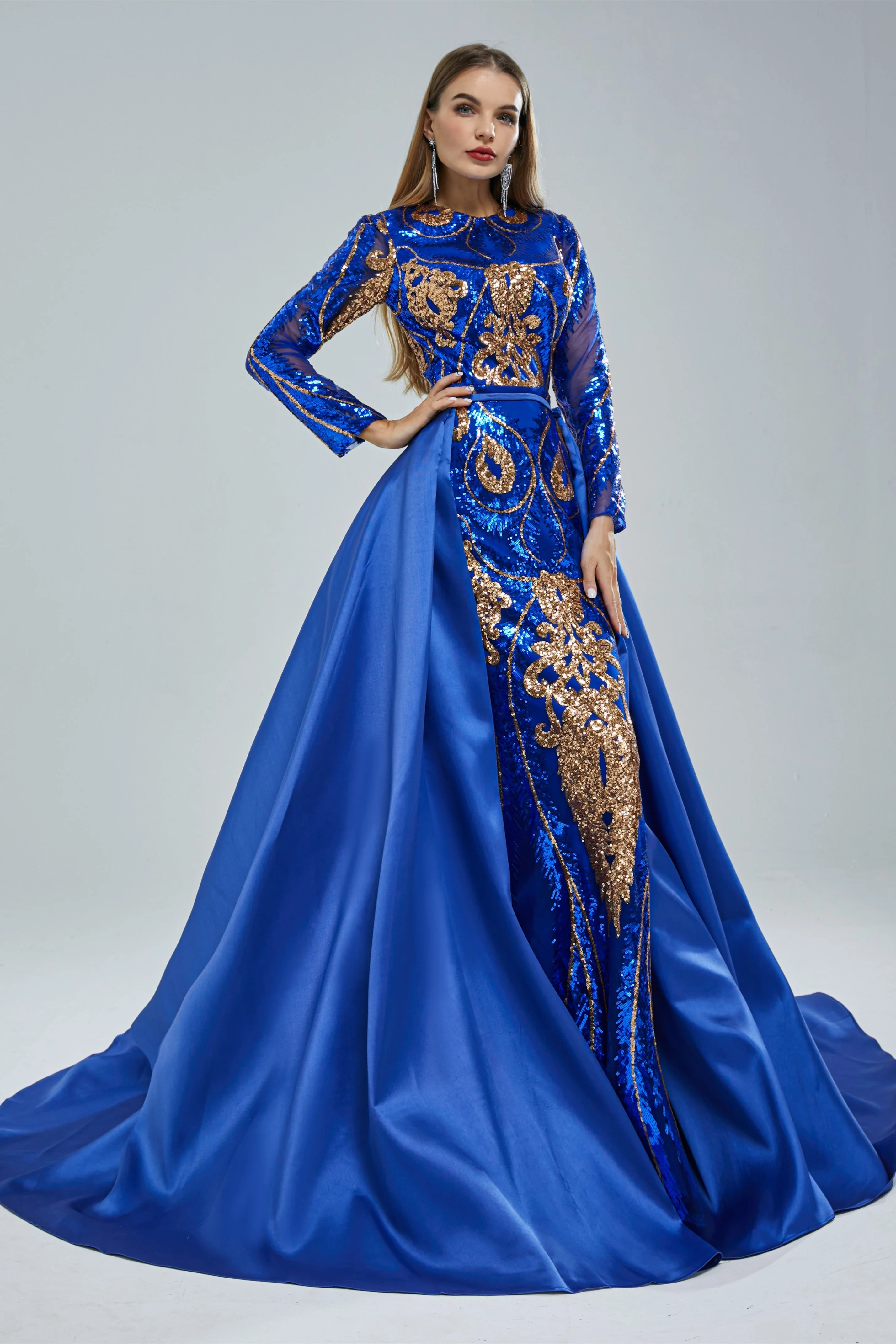 Mermaid Jewel Lace Sequined Floor-length Long Sleeve Detachable Train Elegant Prom Dress - Image 5