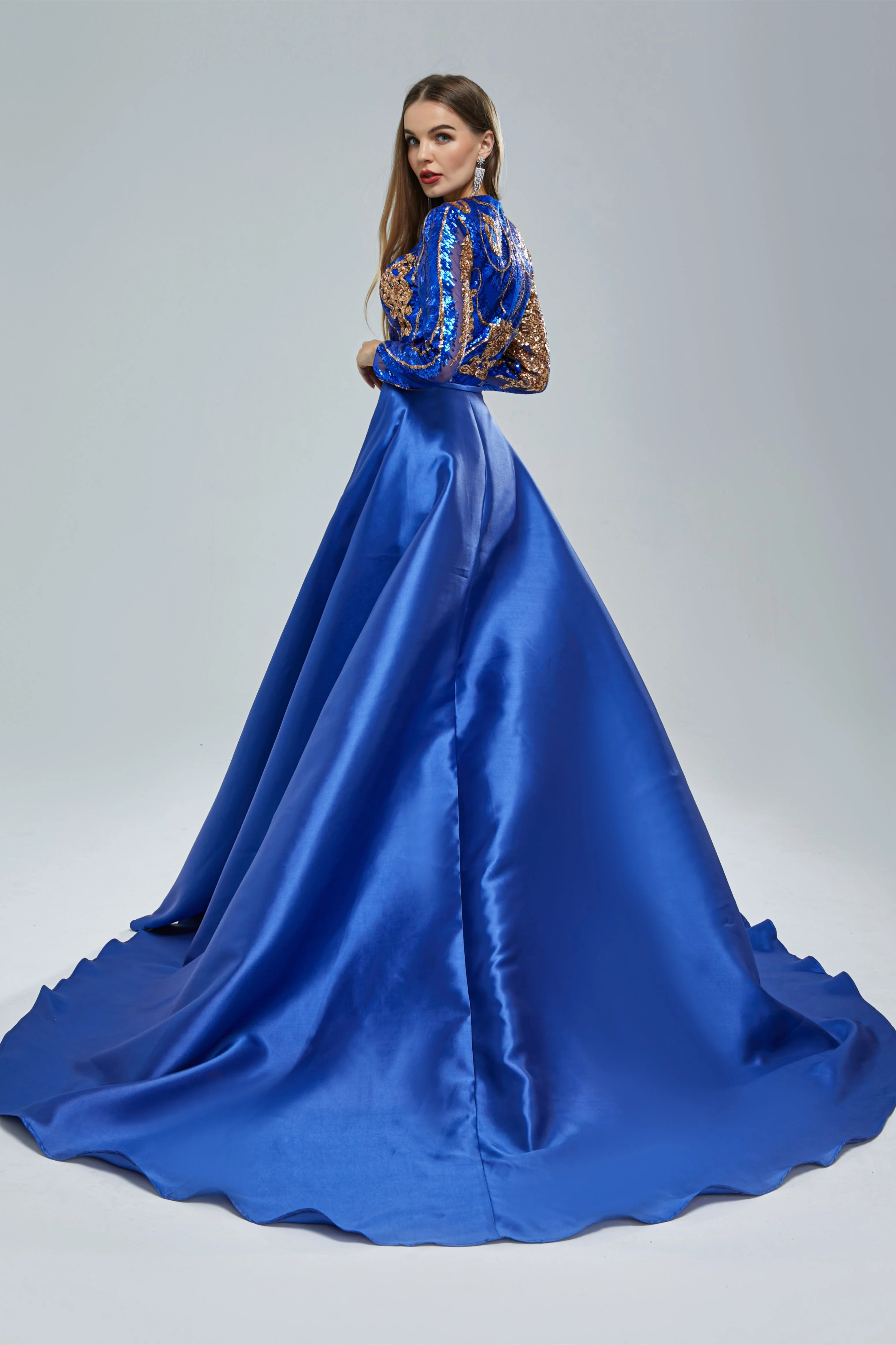 Mermaid Jewel Lace Sequined Floor-length Long Sleeve Detachable Train Elegant Prom Dress - Image 6