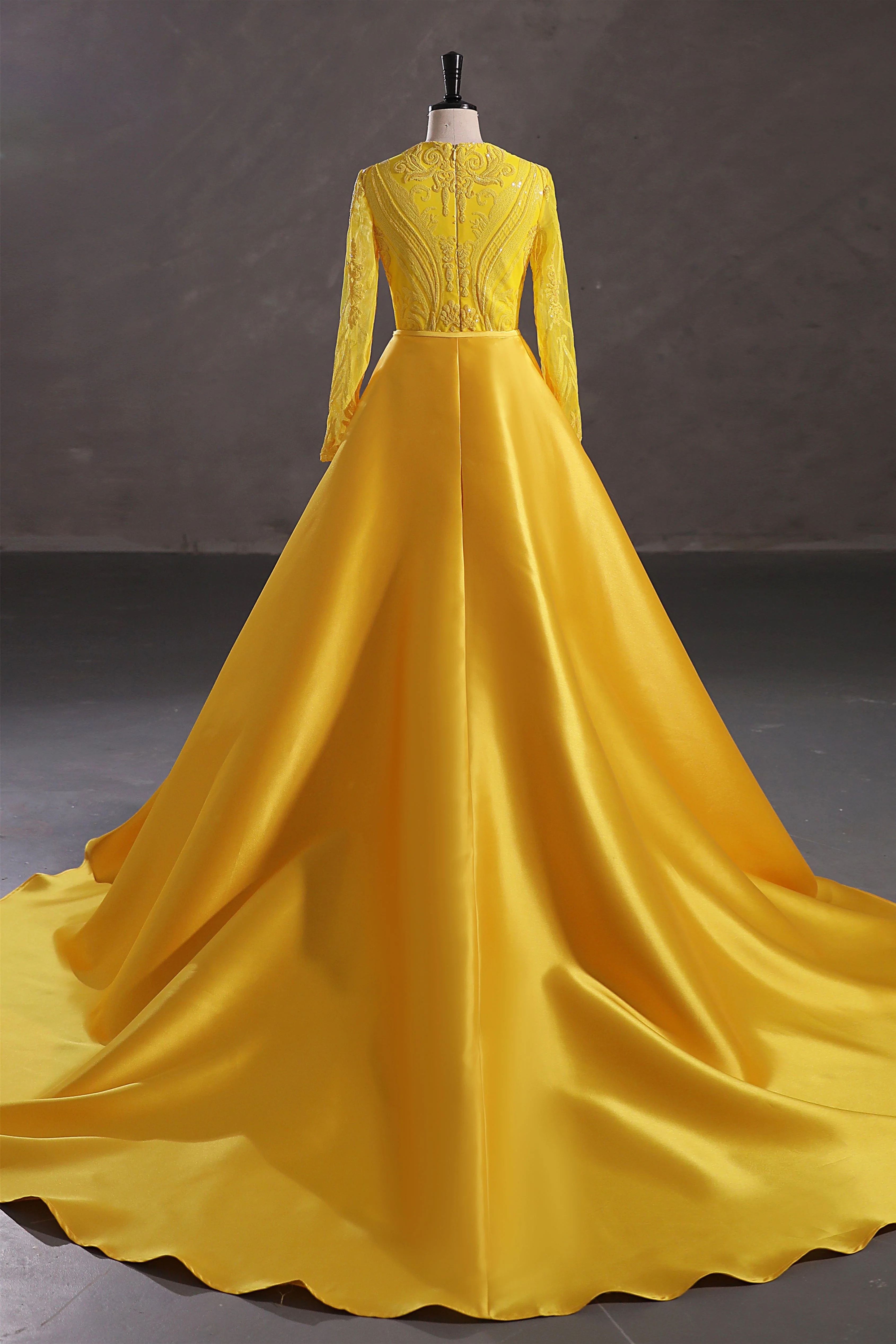 Mermaid Jewel Lace Sequined Floor-length Long Sleeve Detachable Train Elegant Prom Dress - Image 2