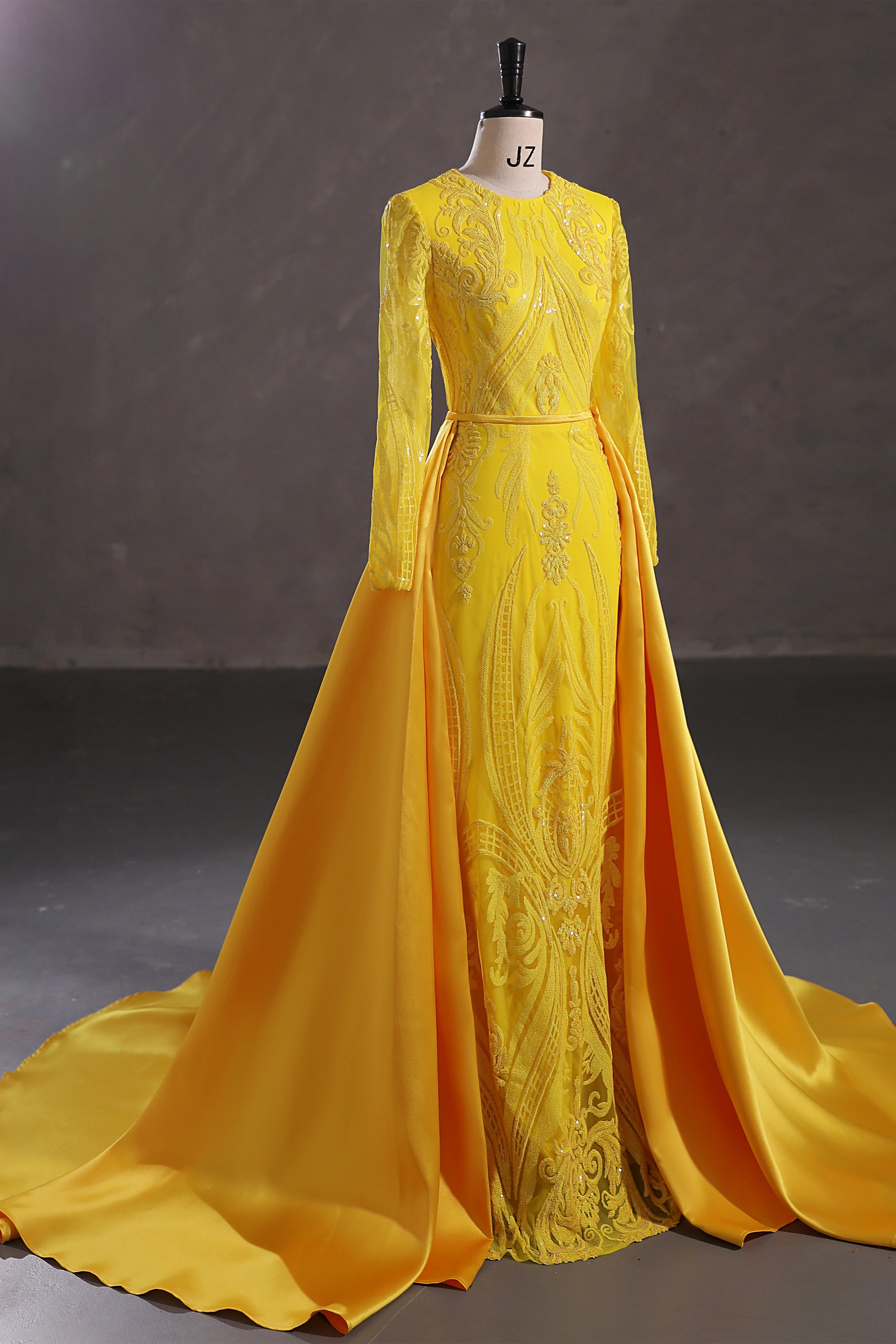 Mermaid Jewel Lace Sequined Floor-length Long Sleeve Detachable Train Elegant Prom Dress - Image 5