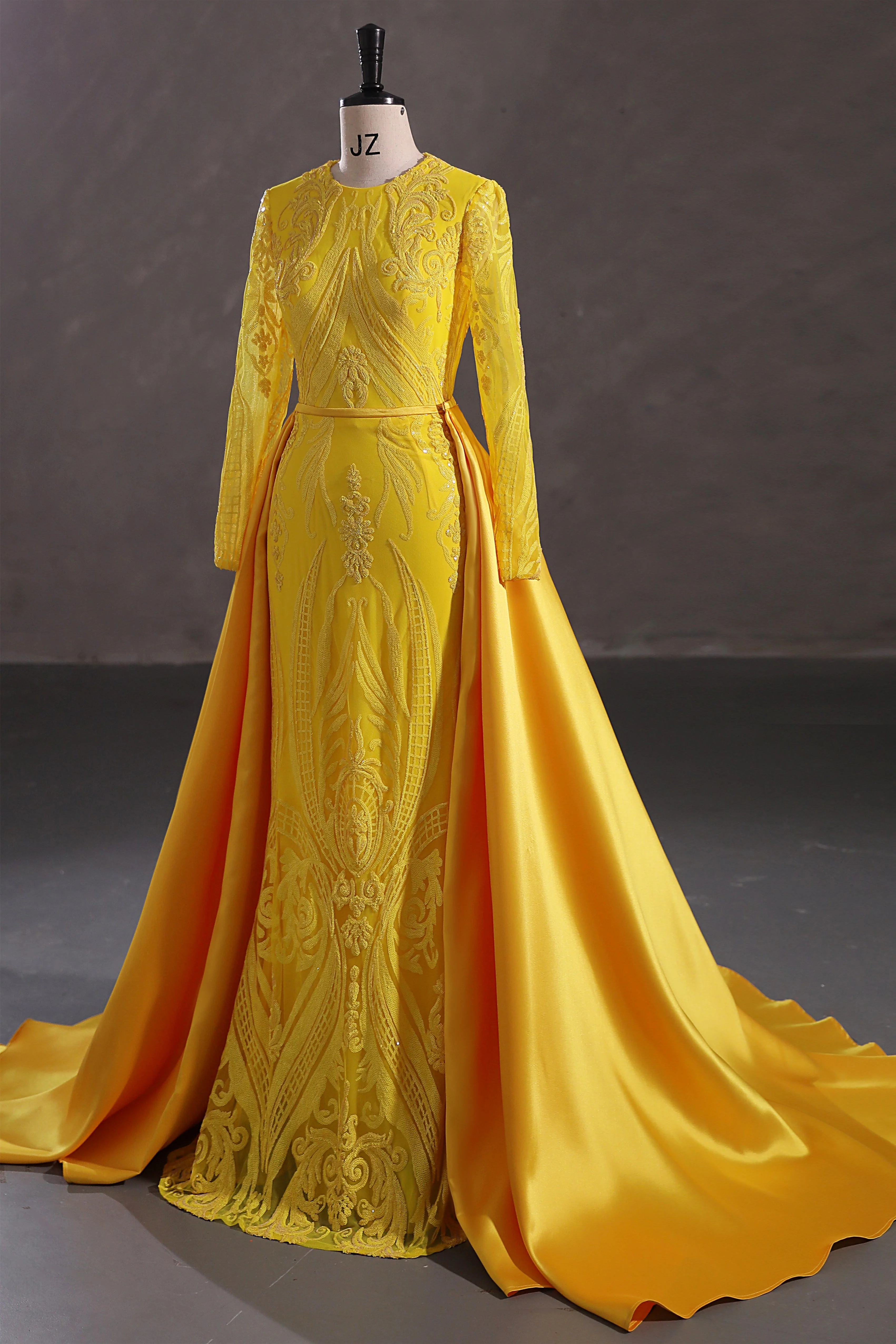 Mermaid Jewel Lace Sequined Floor-length Long Sleeve Detachable Train Elegant Prom Dress - Image 6