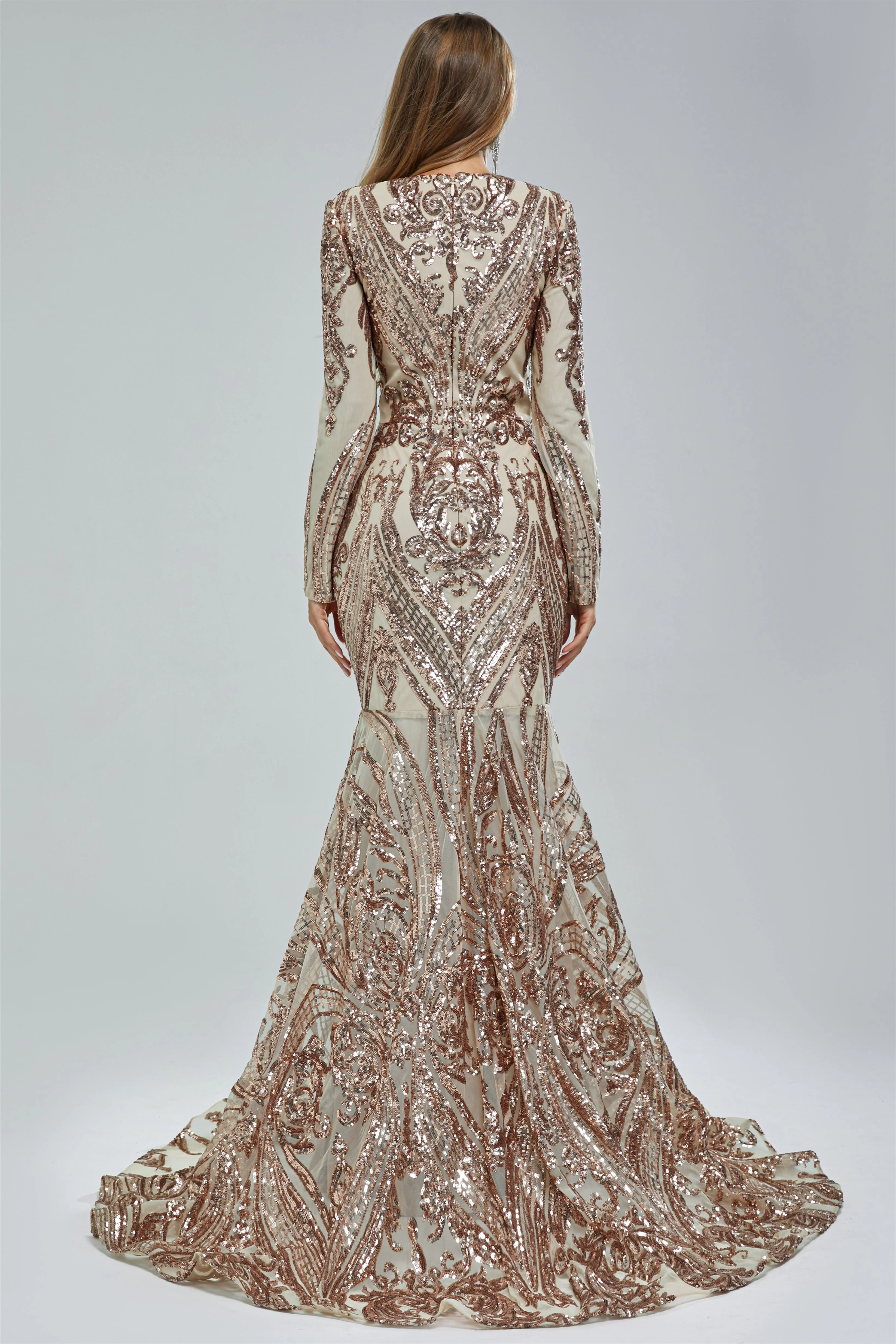 Mermaid V-neck Lace Sequined Floor-length Long Sleeve Elegant Prom Dress - Image 2