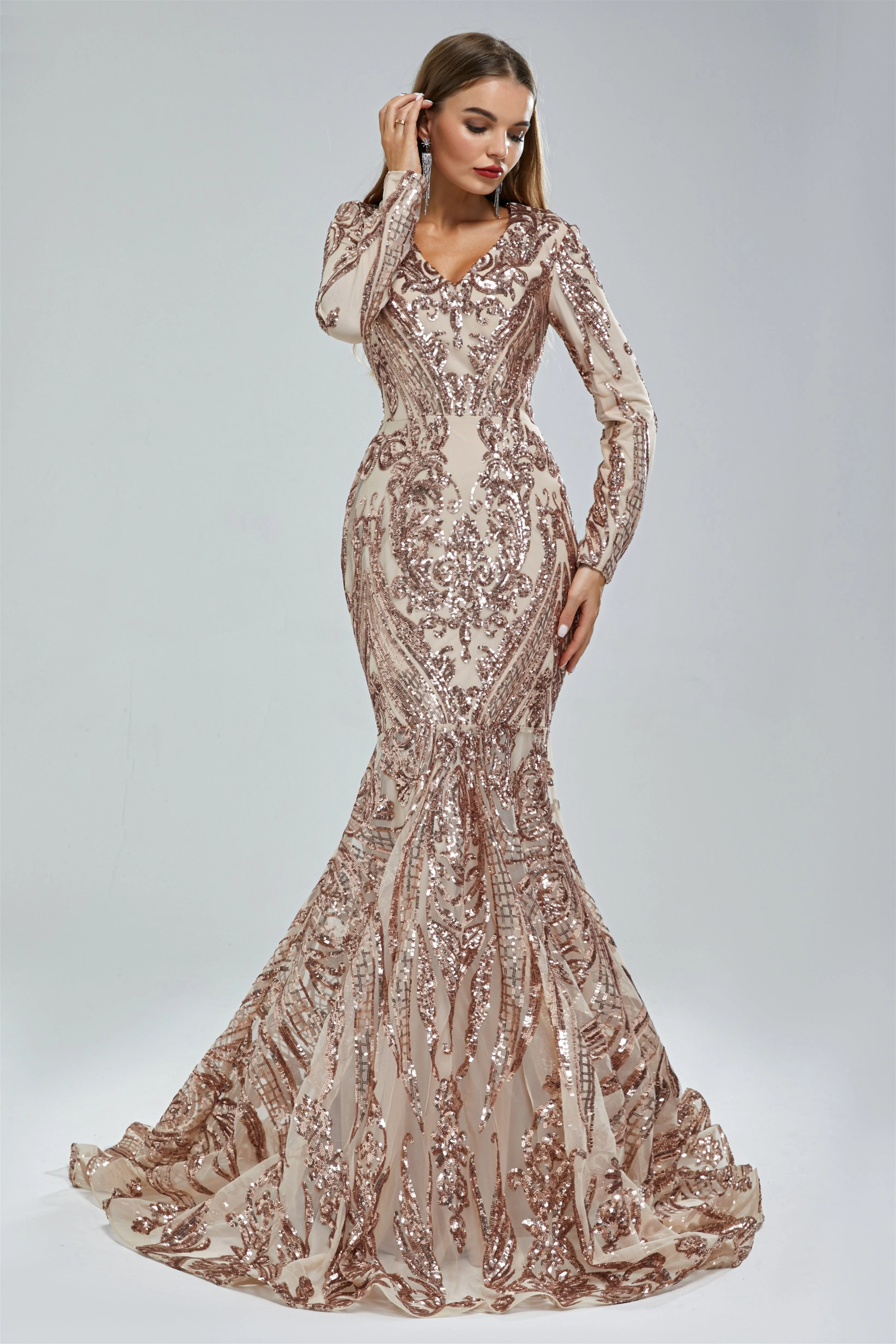 Mermaid V-neck Lace Sequined Floor-length Long Sleeve Elegant Prom Dress - Image 3