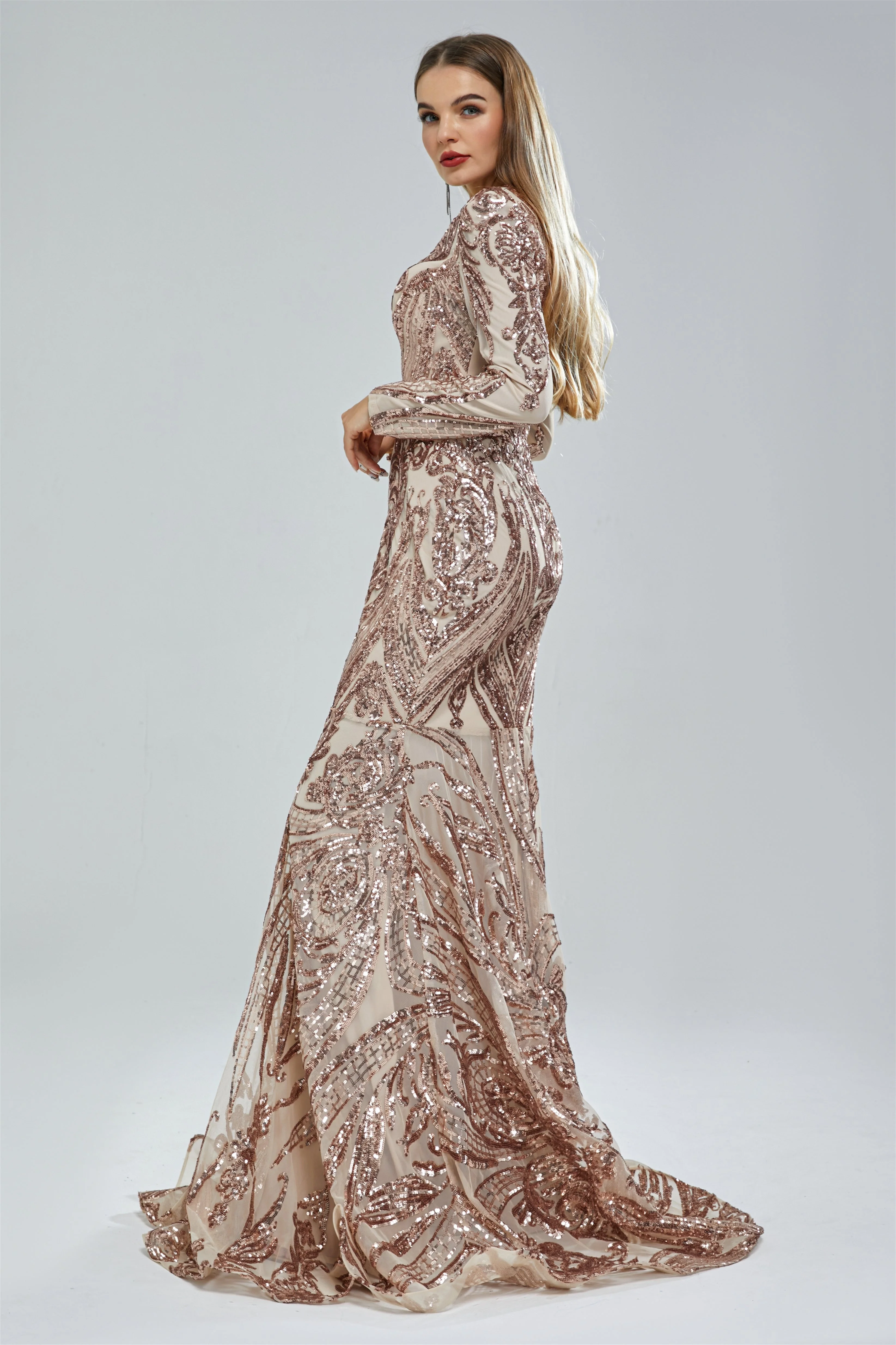 Mermaid V-neck Lace Sequined Floor-length Long Sleeve Elegant Prom Dress - Image 4