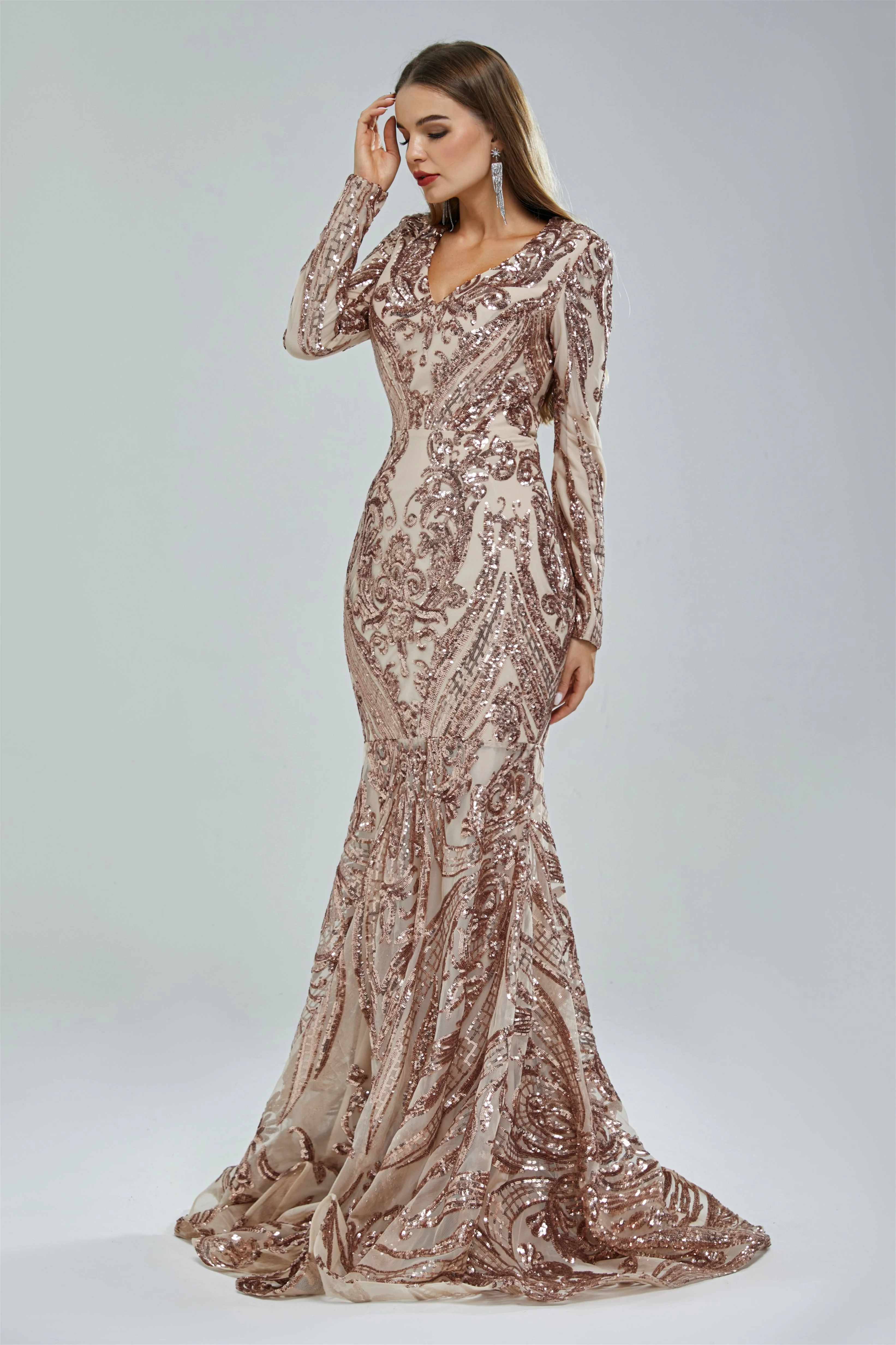 Mermaid V-neck Lace Sequined Floor-length Long Sleeve Elegant Prom Dress - Image 5