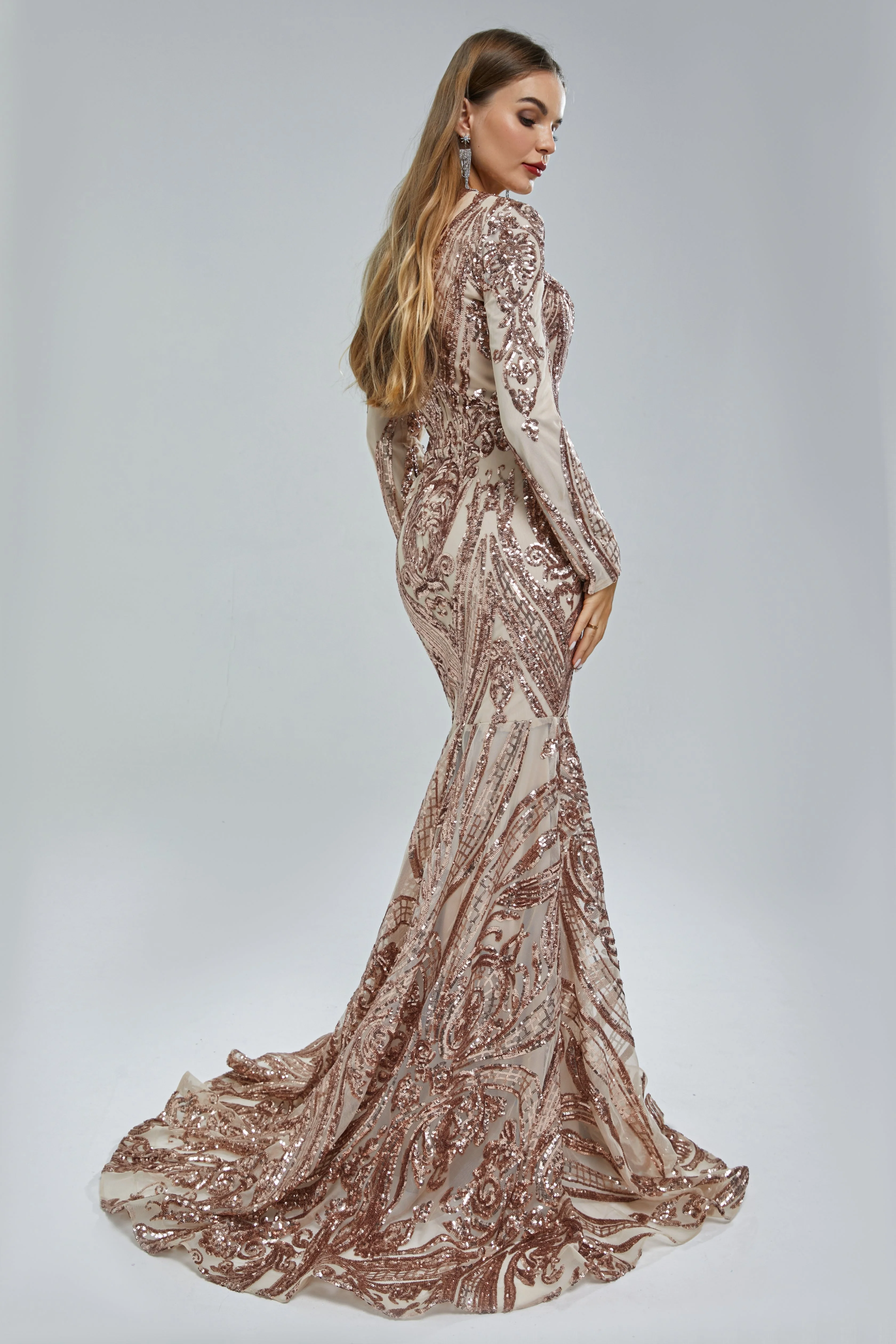 Mermaid V-neck Lace Sequined Floor-length Long Sleeve Elegant Prom Dress - Image 6