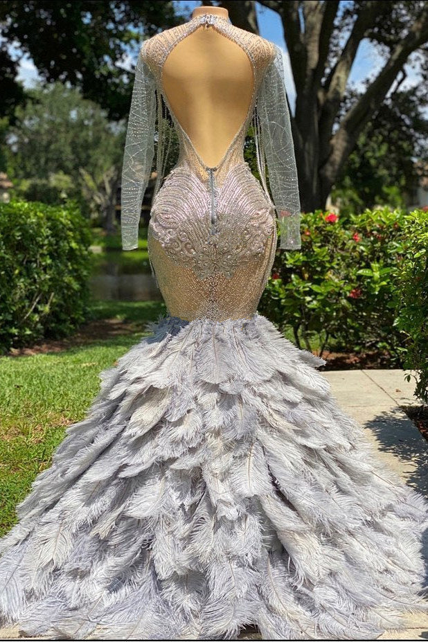 Mermaid Jewel Lace Sequined Open Back Floor-length Long Sleeve Lace Beading Prom Dress With Feather - Image 2