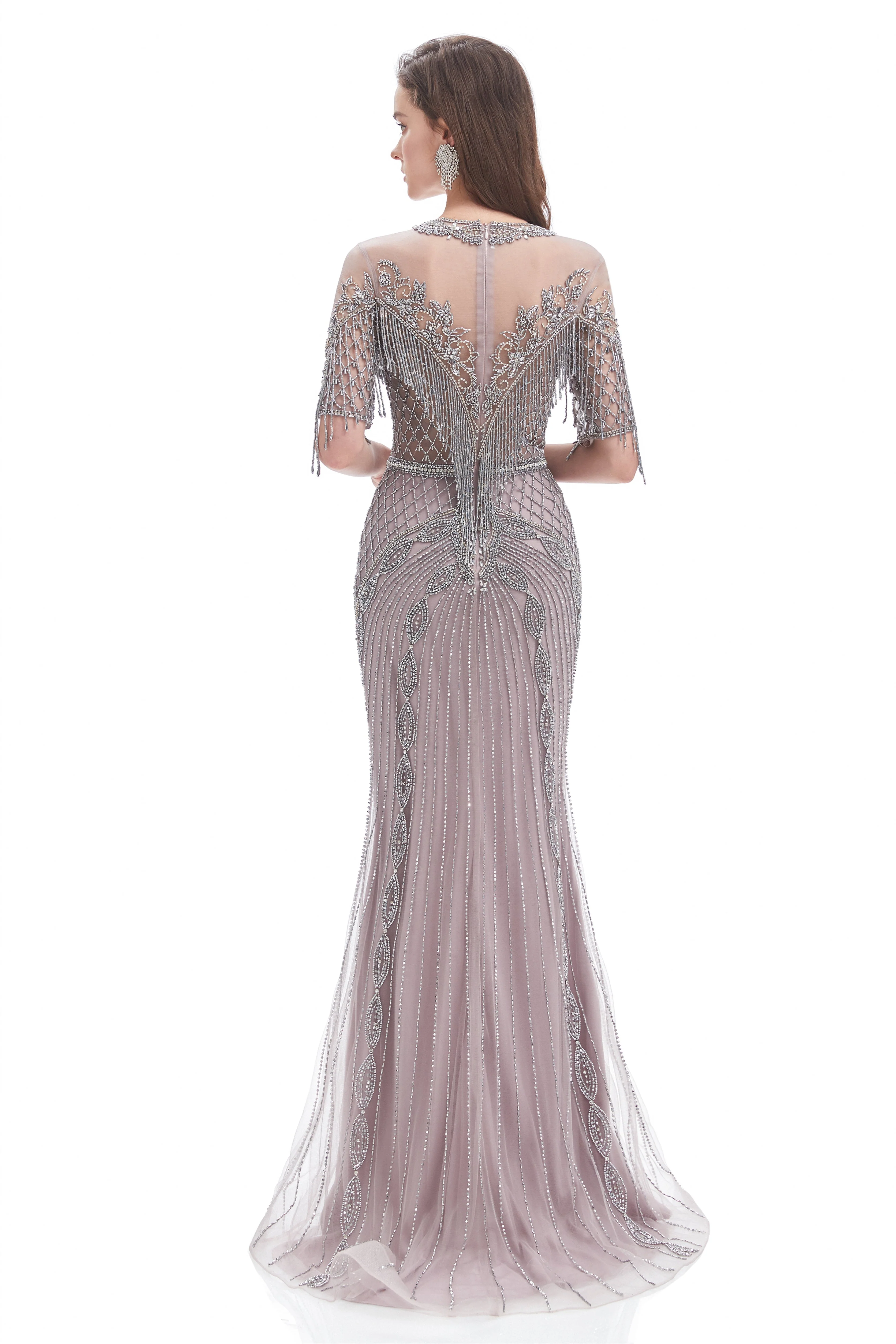 Mermaid Jewel Sequined Floor-length Half Sleeves Beading Prom Dress - Image 2