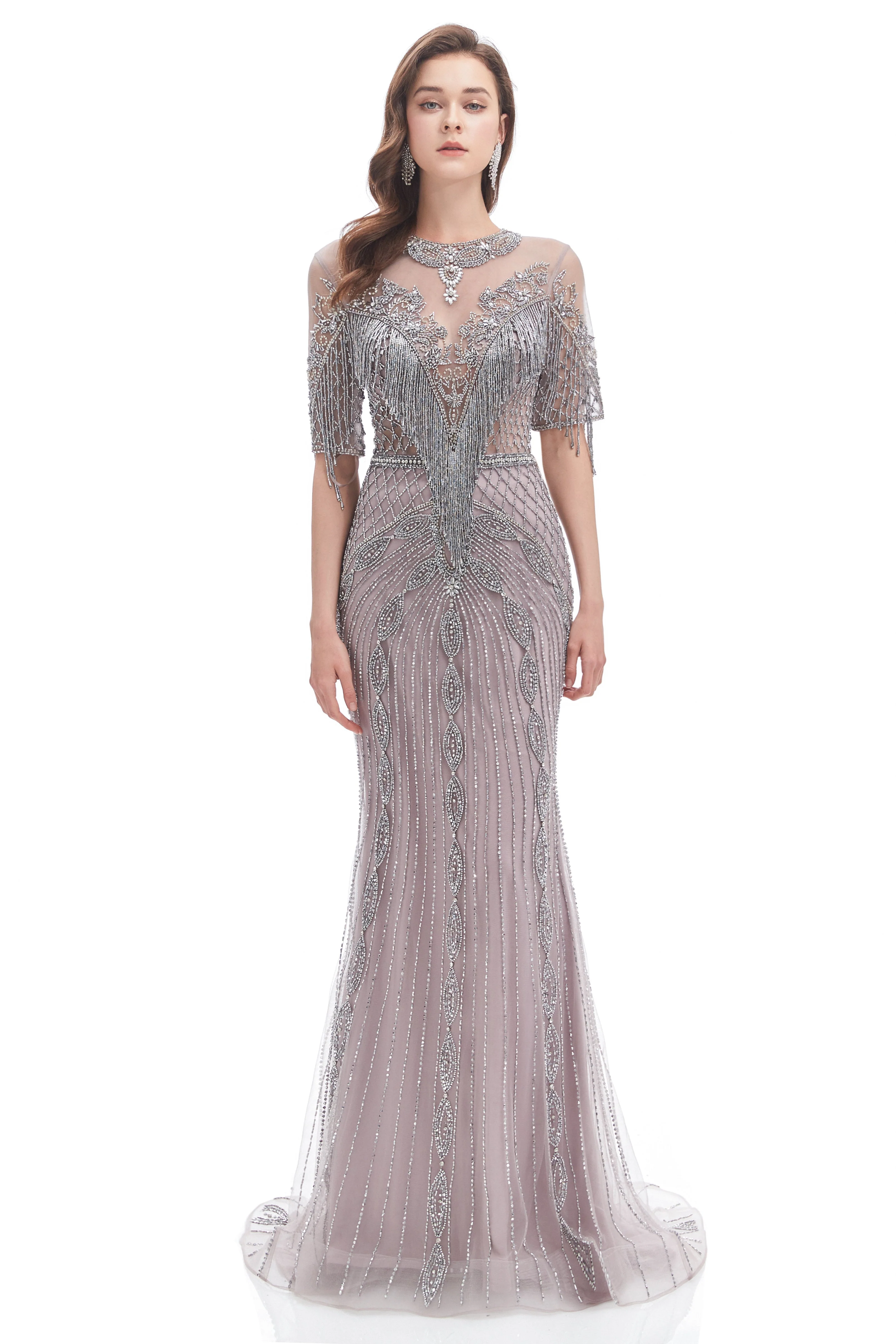 Mermaid Jewel Sequined Floor-length Half Sleeves Beading Prom Dress - Image 3