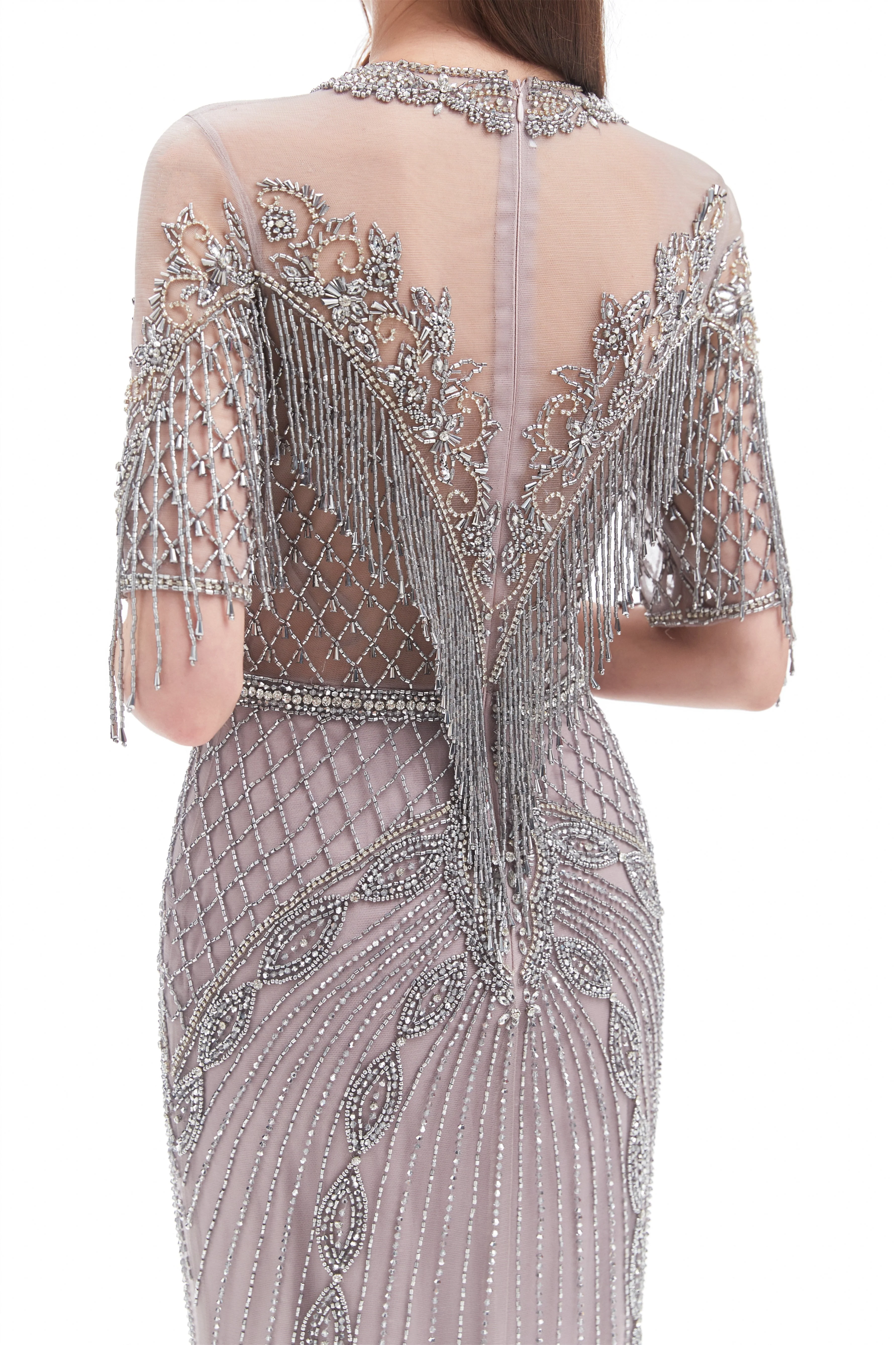 Mermaid Jewel Sequined Floor-length Half Sleeves Beading Prom Dress - Image 7