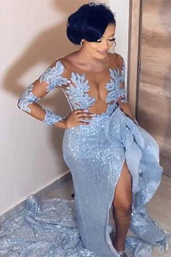 Mermaid Jewel Sequined Floor-length Long Sleeve Appliques Lace High Split Prom Dress - Image 2