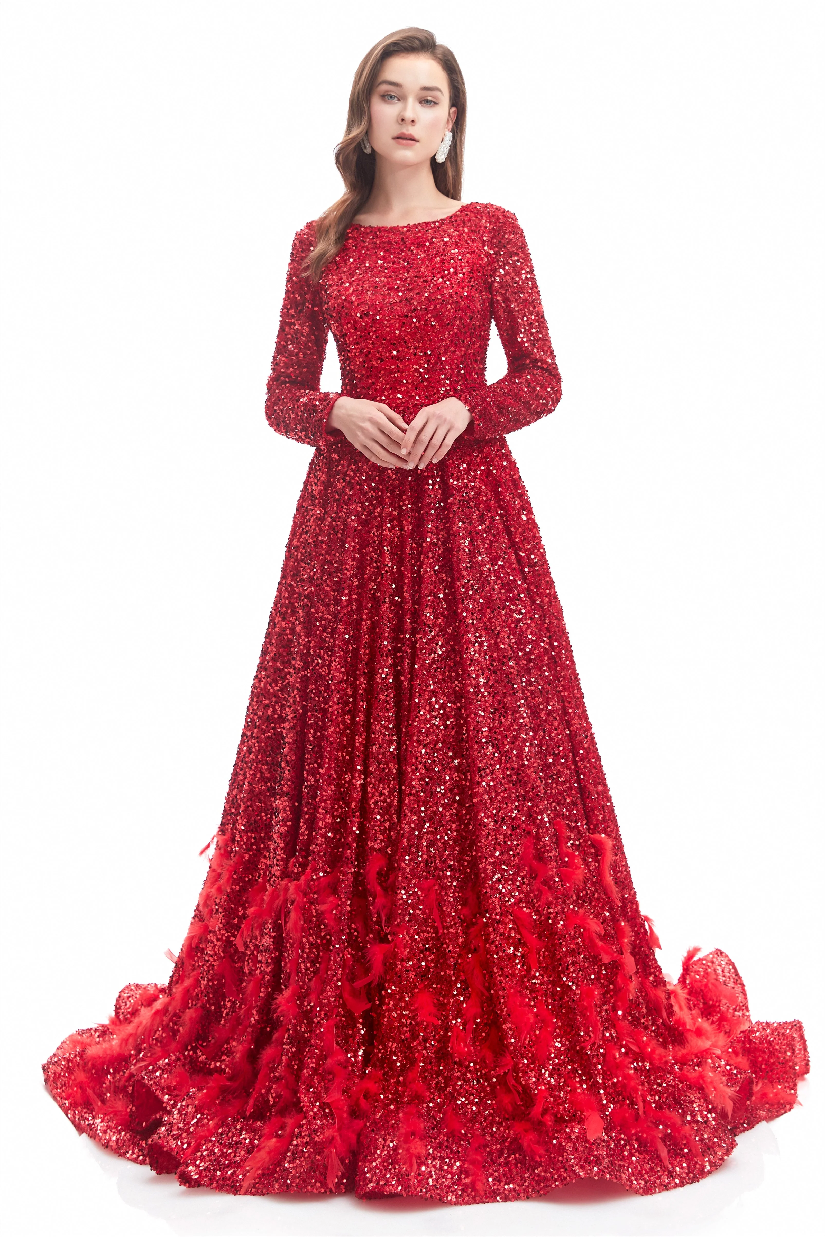 Mermaid Jewel Sequined Floor-length Long Sleeve With Feather Prom Dress - Image 2