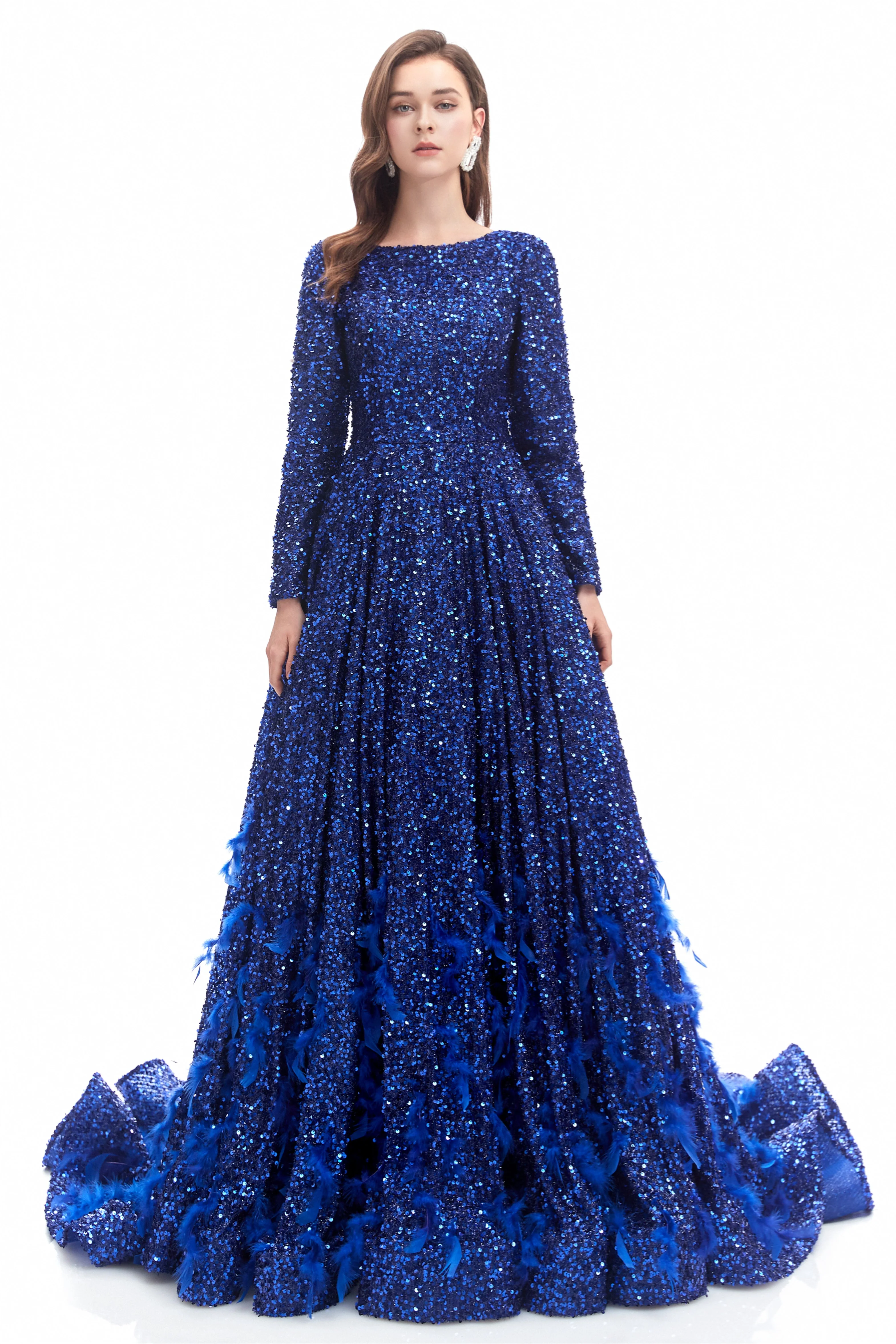 Mermaid Jewel Sequined Floor-length Long Sleeve With Feather Prom Dress - Image 3