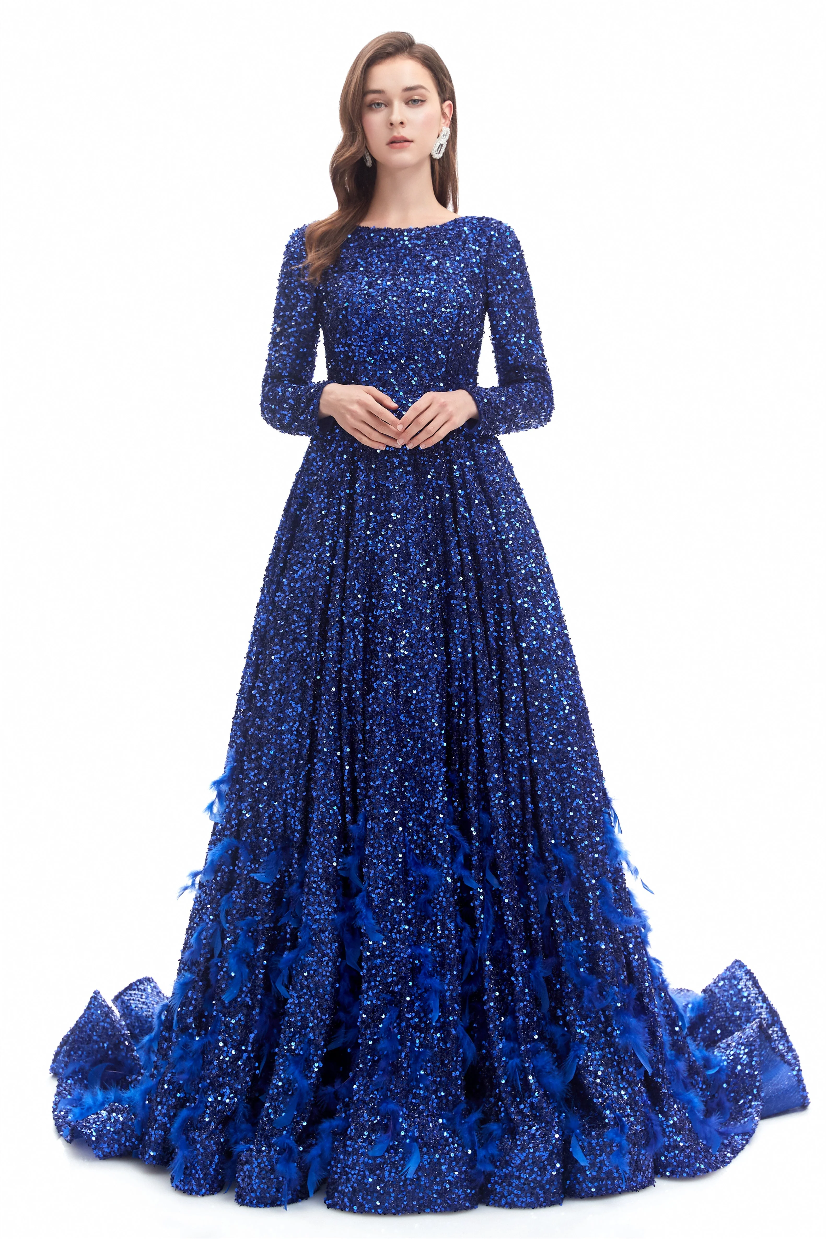 Mermaid Jewel Sequined Floor-length Long Sleeve With Feather Prom Dress - Image 4
